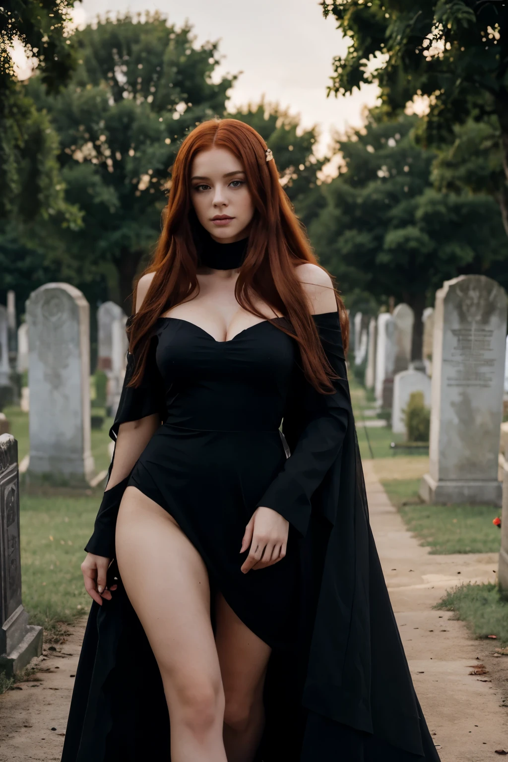 Beautiful sexy woman with long red hair and violet eyes, masterpiece, ultra quality, 8k, hair falling over her shoulders, in the background a cemetery, She's wearing a black dress and mourning veil...