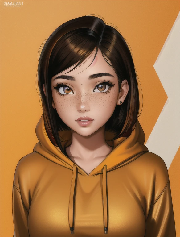 (masterpiece,best quality,absurdres,beautiful,aesthetic,detailed), (Detailed face:1.2), (Detailed eyes:1.2), 1girl, solo, 20 year old college student, she has tan-bronze skin with some freckles, short black hair with orange highlights, amber colored eyes, she's wearing an yellow hoodie and black pencil skirt, college background