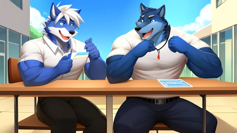 best quality, masterpiece, blue eyes, blue fur，dark Blue Wolf，White hair,The body has muscles,campus，White Short sleeve button-down shirt，Black school pants,high school student，sit on the chair，The front is blocked by a table，There is a letter on the table，look at screen,Blue necklace ,Open your mouth and smile