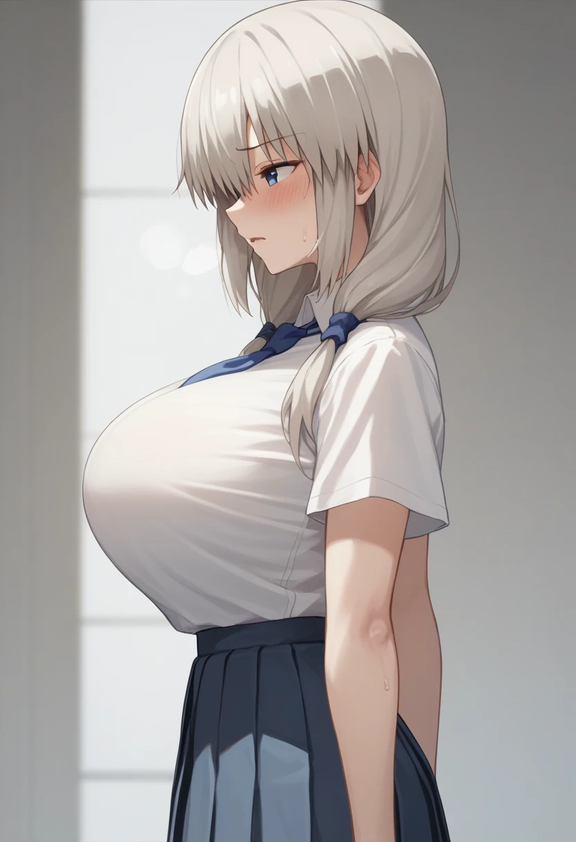 Huge breasts、blush、Sweat、In the heat、Long white hair、Braiding、uzaki_fortune、
{Highest quality}, {so beautiful}, {Very detailed}, {Best illustrations},Life、slim:1.5、White ruffled shirt、Blue tie ribbon、Grey pleated skirt、From the side、