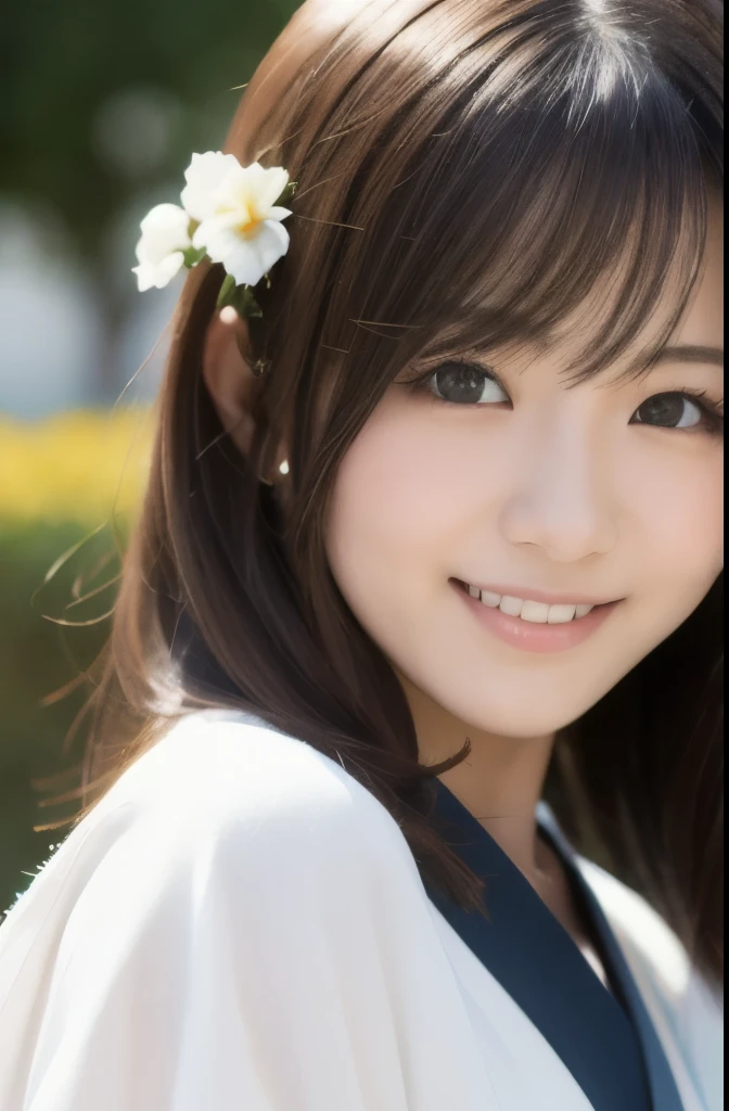 best quality, face focus, soft light, ultra high res, (photorealistic:1.4), RAW photo,(Shinozaki Ai), white skin, kawaii,
1 Japanese girl, solo, cute, (smile), (pupil, lights in the eyes),  detailed beautiful face, Medium-sized breasts,(high resolution detail of human skin texture),(long hair),(portrait), upper body, white traditional kimono, in the flower garden