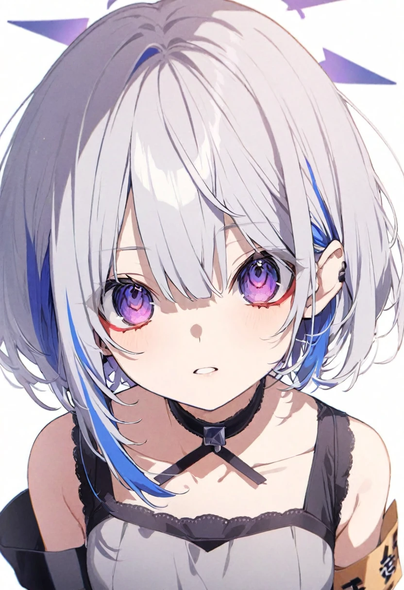 (muste piece), (best quality), (score_9, score_8_up, score_7_up), very detailed eyes, expressive eyes, perfect face, very detailed face, highly detailed face, beautiful girl, 8K, beautiful girl, white background, delicate and beautiful face and eyes, dark intense shadow, 1 girl, vtuber style, cool girl, hololive, vtuber,  amane kanata, star halo, solo, multicolored hair, purple eyes, armband, short hair, blue hair, grey hair, phoenix eye, small chest, collarbone, Poker face, body visible through clothes, chest visible through clothes, ass visible through thighs, (upper body),  face close up, look up,