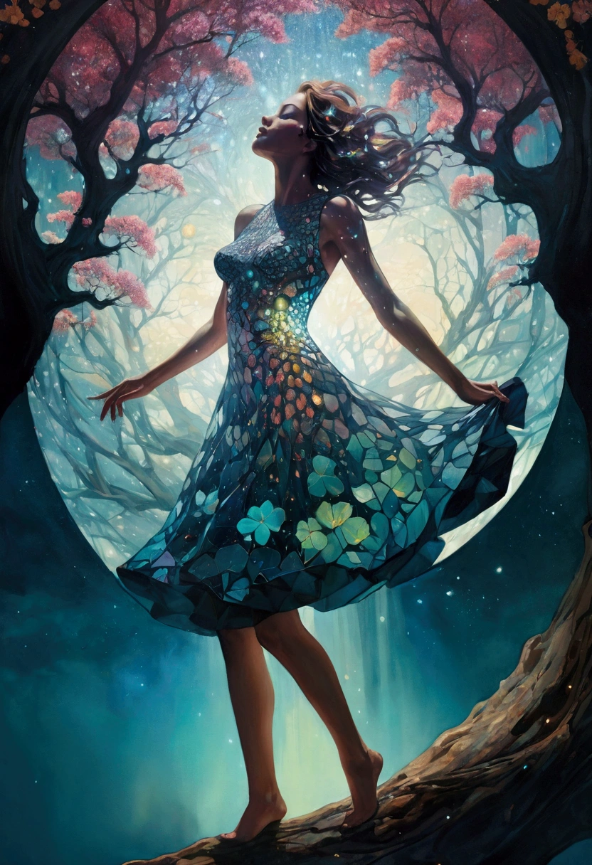 Futuristic utopia, Adventure, Aether, Kraken, Nebula, Verdant, Canvas, Spontaneous Human Combustion, Voyage, Lovely, Grateful, Forrest, (Double exposure:1.3) photo of a sexy lady made of mosaic of iridescent crystal glass with sub scattering mirror surface imposing onto transparent tree hollow trunk in living brocade underbust dress made out of flowers, bokeh sky by Peter Gric, Conrad Roset, Brandon Kidwell, Andreas Lie, Dan Mountford, Dan Witz, Agnes Cecile, Jeremy Mann, fine art, super dramatic moonshine, silhouette photo illustration, amazing depth, intricate detailed fine cracked surface, stunning atmosphere, mesmerizing whimsical vibrant scenery, complex masterwork by head of prompt engineering