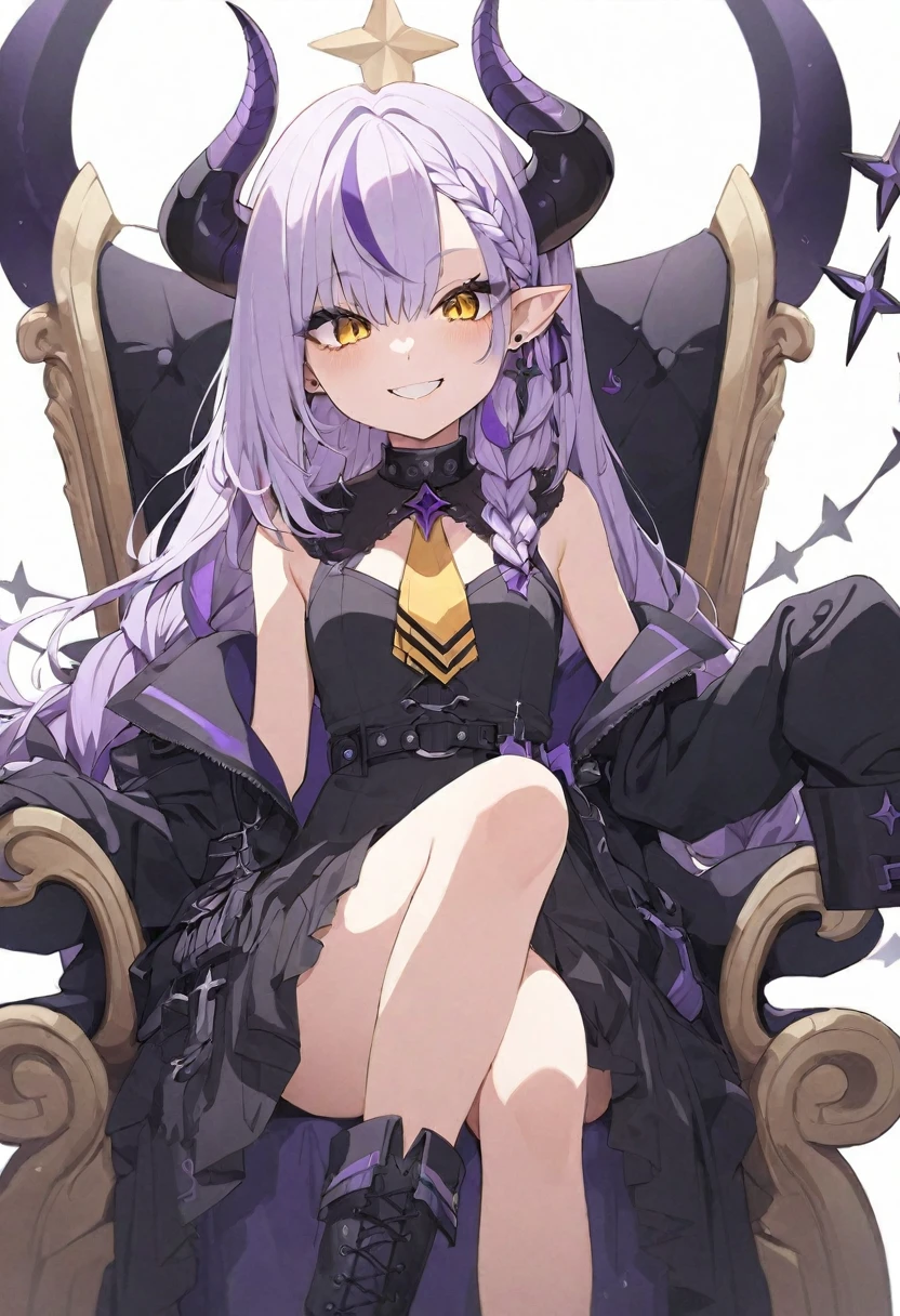 (muste piece), (best quality), (score_9, score_8_up, score_7_up), very detailed eyes, expressive eyes, perfect face, very detailed face, highly detailed face, beautiful girl, 8K, beautiful girl, white background, delicate and beautiful face and eyes, dark intense shadow, 1 girl, vtuber style, cool girl, vtuber, Laplus Darknesss, horns, sleeves past wrists, sleeves past fingers, braid, long sleeves, single leg pantyhose, yellow ascot, ascot, black footwear, dress, metal collar, boots, black dress, collar, pantyhose, single thighhigh, small chest, sit on throne, crossed_legs, leg on chair handle, underpants, one arm gill support, smile with teeth,