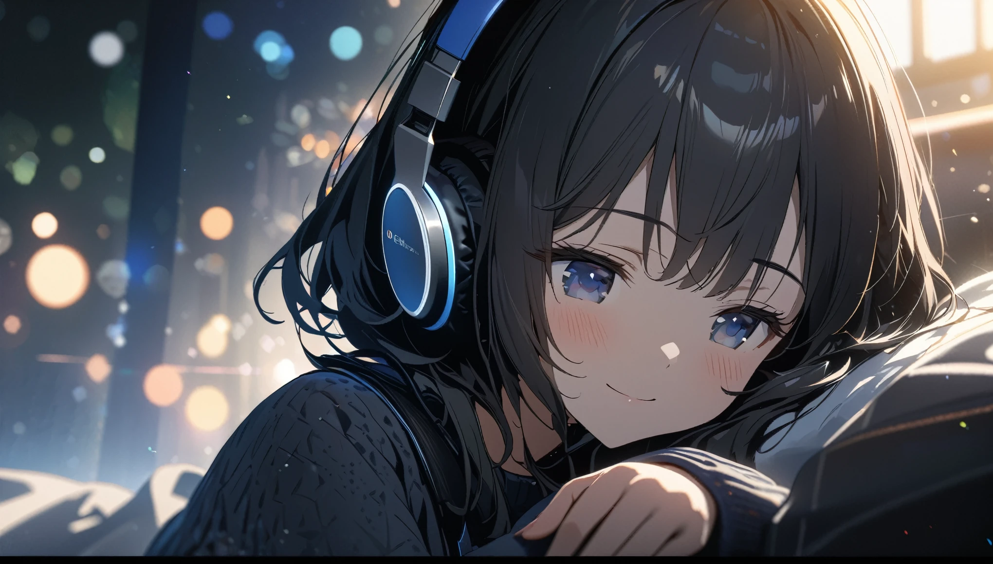 one girl, silver black hair and bob hair.、beautiful blue eyes、smile、gentle smile on her face、flat chest, one Beautiful girl,((masterpiece, illustration, best quality) ((ultra-detailed))\Girl wearing headphones, Black Hair,1 person,Detailed Background,Relaxed and sleeping, 濃い青とBeautiful Blueのグラデーション, High resolution, 8K HD detail, hyper-detail, cinematic, surrealism, soft light, deep field focus bokeh, ray tracing and surrealism. --v6
