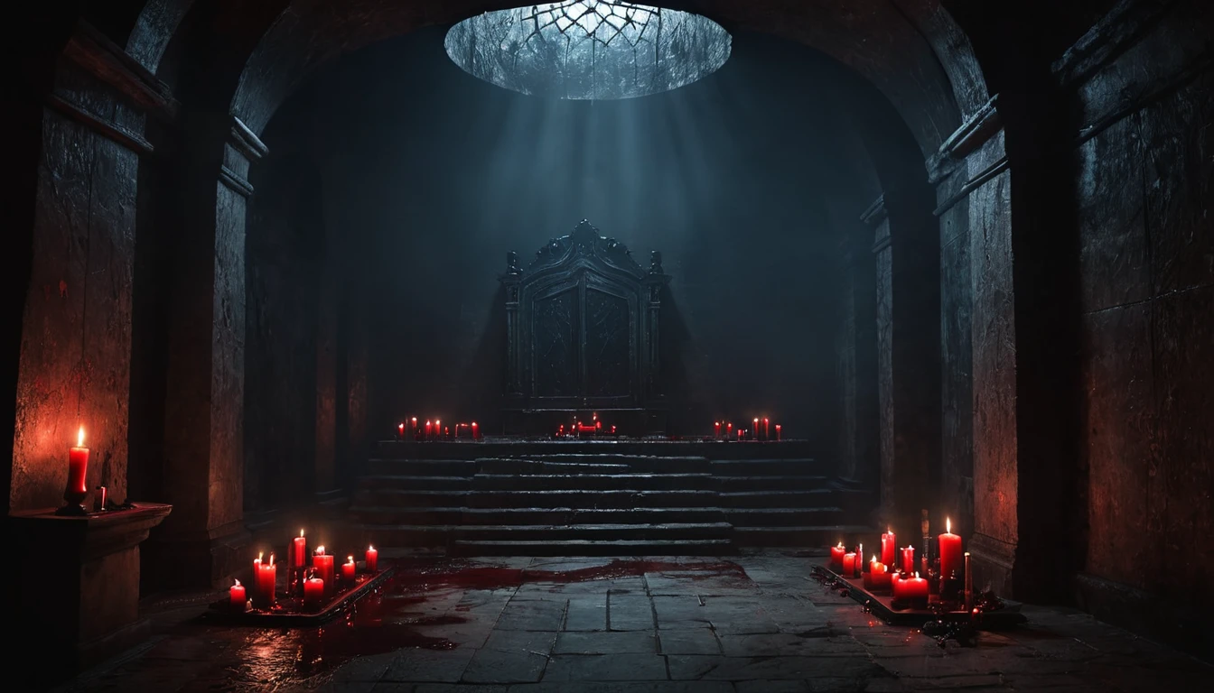 Underground place altar with dark sarphire blood few lights scary and gloomy