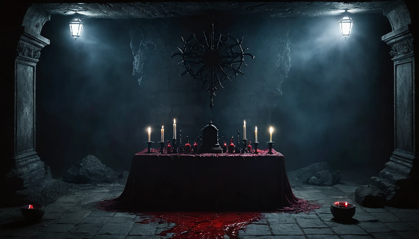 Underground place altar with dark sarphire blood few lights scary and gloomy