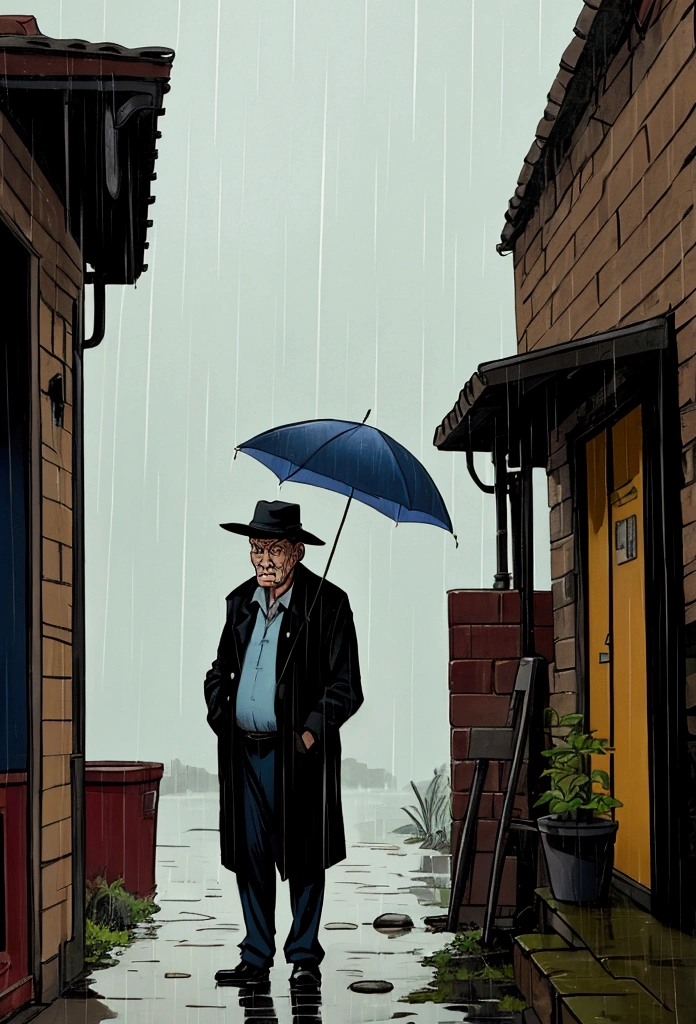 comic style, an old man standing in the rain