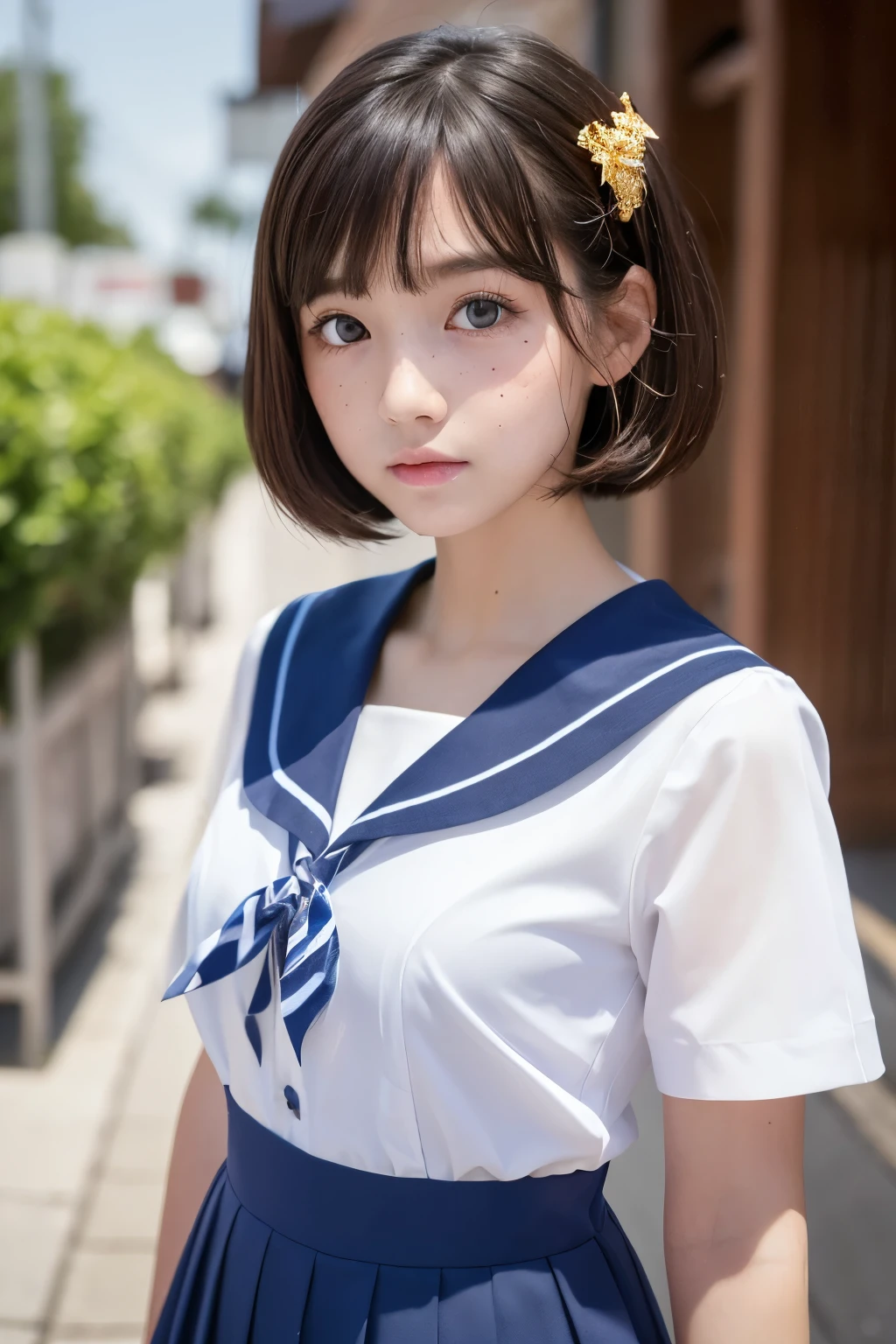 masterpiece:1.3), (8k, Photorealistic, RAW Photos, Best image quality: 1.4), Japanese, (1 female), Beautiful Face, round face, (A vivid face), (Rounding short:1.3), Beautiful hairstyle, hairpin、Realistic eyes, Beautiful Eyes, Slightly sleepy eyes、(Realistic Skin), Beautiful Skin, Charm, Ultra-high resolution, Surreal, Attention to detail, Golden Ratio, Detail Makeup,Seeing the viewer,skinny、Thin pubic hair、(Baby Face:1.2)、Sailor suit、freckles、(whole body:1.37) 、School、14age、cute、information