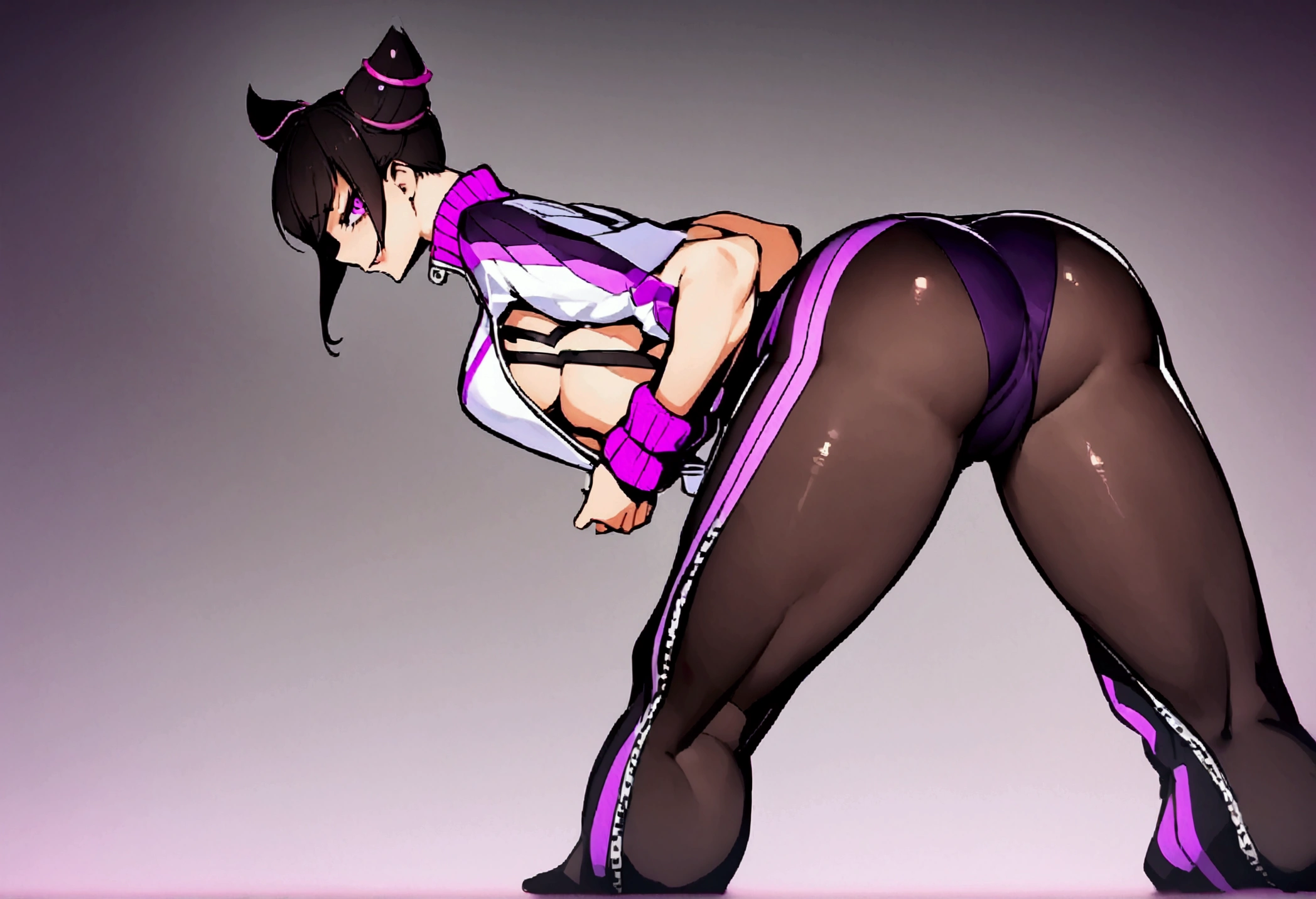 standing backwards,looking back,beautiful young fitness woman with , in a gym wearing May with black pantyhose, white and purple gym jacket. standing alone,hair horns,bright purple eyes,Evil smile,legging preto aura roxa,super bright purple right eyes,whole body,beautiful curves,hands on waist