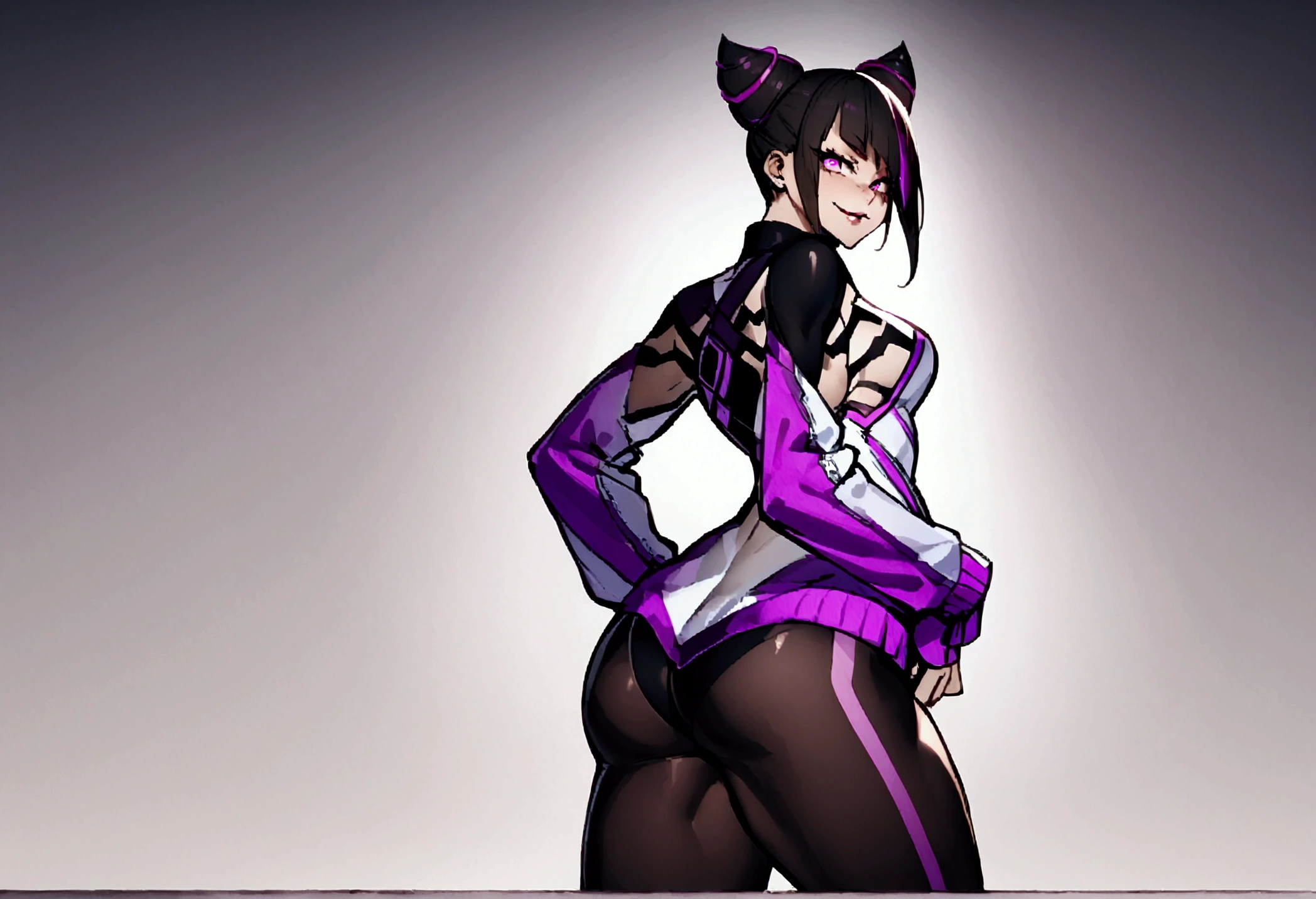 standing backwards,looking back,beautiful young fitness woman with , in a gym wearing May with black pantyhose, white and purple gym jacket. standing alone,hair horns,bright purple eyes,Evil smile,legging preto aura roxa,super bright purple right eyes,whole body,beautiful curves,hands on waist
