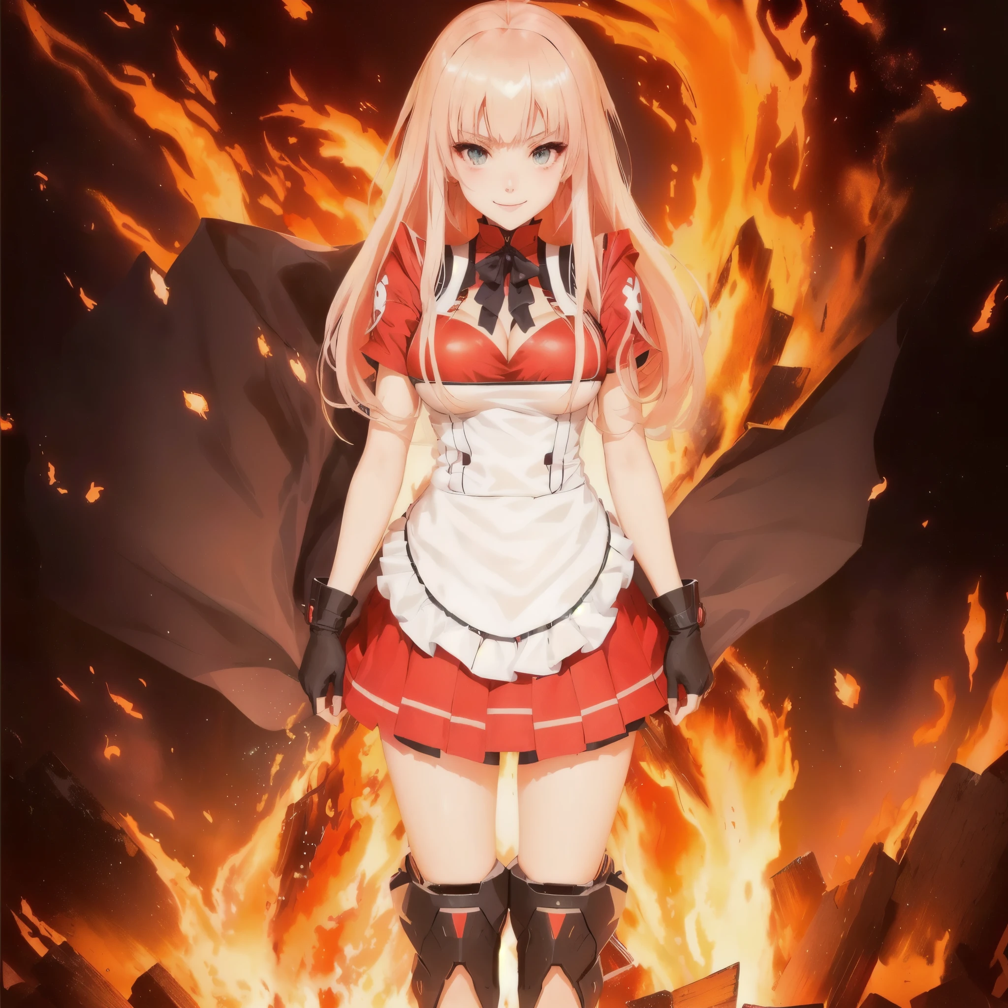 anime girl in a red dress and white apron standing in front of a fire, ecchi, garota big boobies, decote sensuous, perfects eyes, fire!! whole body, anime style like fate/stay overnight, standing in fire, 坏蛋动漫8 K, best anime girl, female action anime girl, she has fire powers, gamoe yandere, anime moe art style, zero two, Kantai Collection Style, anime character with cape and skirt and cape on head,detailedeyes, perfects eyes, garota com big boobies, perfect face 12k beautiful boobs, transparent black clothing, big neckline, roupa sensuous, sexy girl, black bikini, black swimwear, Flying hair, sexy girl, sensuous, sorriso sensuous, charming smile, provocative clothes, big boobies, decote sensuous