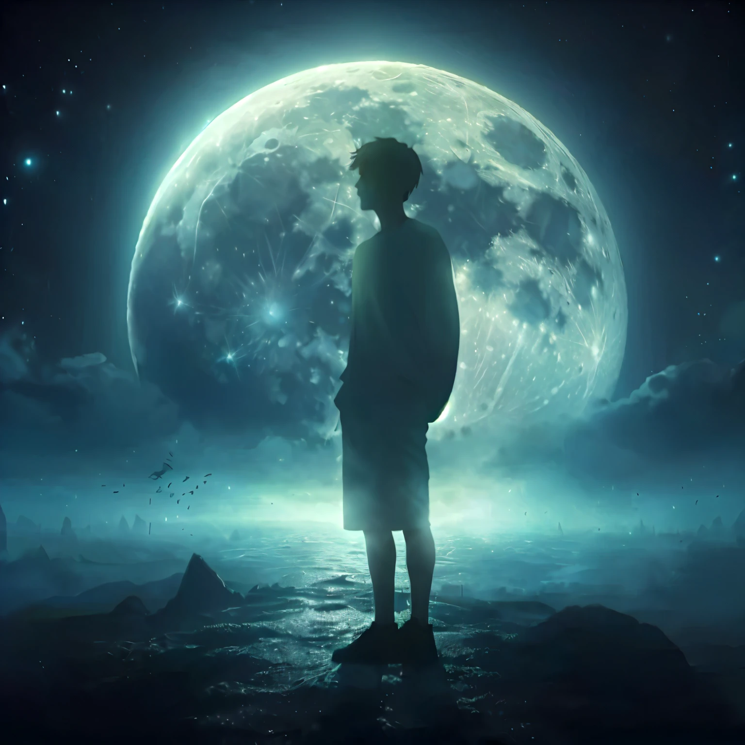 a man standing on a rock Looking at the moon, The moon is behind him, In front of the big moon, standing in the moonlight, I look at the full moon, sitting on the moon, On the Moon, standing on the moon, Looking at the moon, Before the Full Moon, The moon is thrown on a man, Cyril Rolando and Goro Fujita