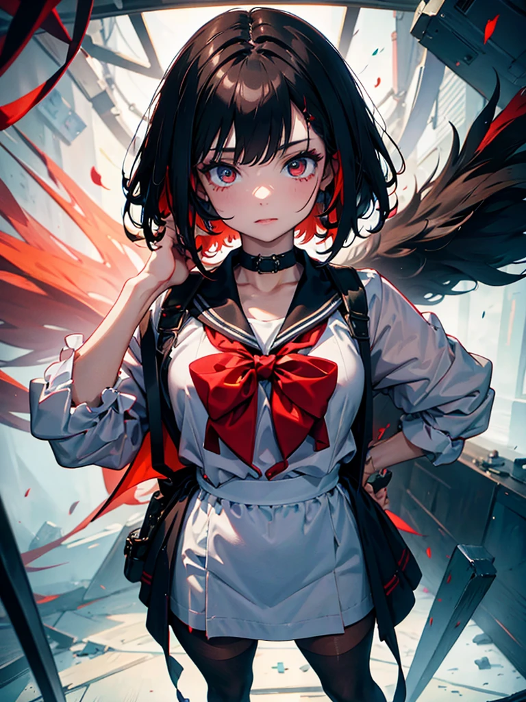 masterpiece,Highest quality,Very detailed,8k,High resolution,Balkun Style, Black and Red,One Girl,(short hair:1.2),Very detailed目,Very detailed顔,Very Fine Hair,masterpiece,Highest quality,(Left and right split themes:1.0),No gaps,Heterochromia iridis,((Two Tone Hair:1.2)),(Chiaroscuro:1.2),(On the left are black hair and red eyes,On the right are white hair and blue eyes:1.2),(The sailor uniform is drawn in detail.:1.2),The left side is darker in tone.、It has orange highlights,Make the center line less noticeable