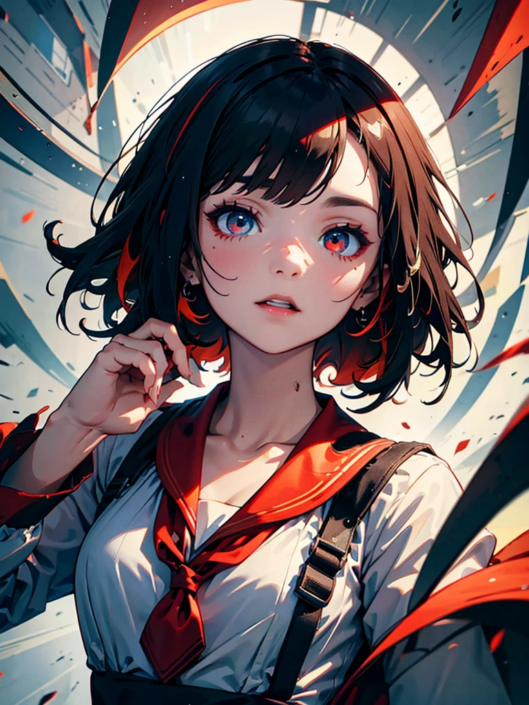 masterpiece,Highest quality,Very detailed,8k,High resolution,Balkun Style, Black and Red,One Girl,(short hair:1.2),Very detailed目,Very detailed顔,Very Fine Hair,masterpiece,Highest quality,(Left and right split themes:1.0),No gaps,Heterochromia iridis,((Two Tone Hair:1.2)),(Chiaroscuro:1.2),(On the left are black hair and red eyes,On the right are white hair and blue eyes:1.2),(The sailor uniform is drawn in detail.:1.2),The left side is darker in tone.、It has orange highlights,Make the center line less noticeable