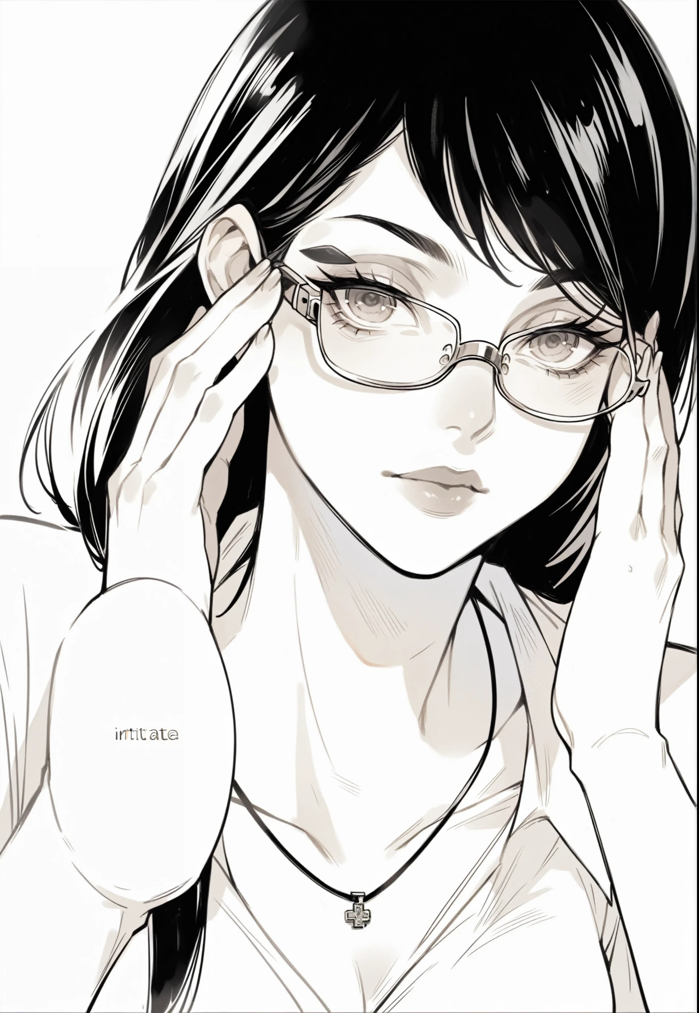 1womanl, beautiful woman, Bblack hair, black and white,((intrikate)), dramatic lighting, detailded, work of art, long black hair, female focus, with glasses, bonitas, tall and beautiful guy, sexy look, villain, holding glasses, suggestive look