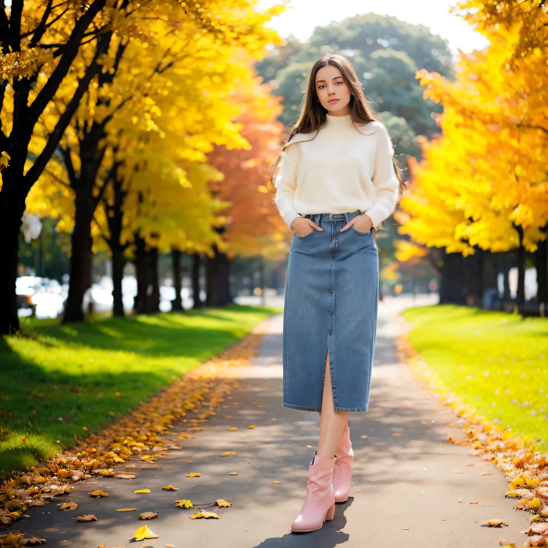 Stunning girl with long hair in a fluffy sweater and a long denim skirt in pink leather boots. Standing in front of the park, autumn, Yellow Foliage. looks at the viewer, a high resolution, 