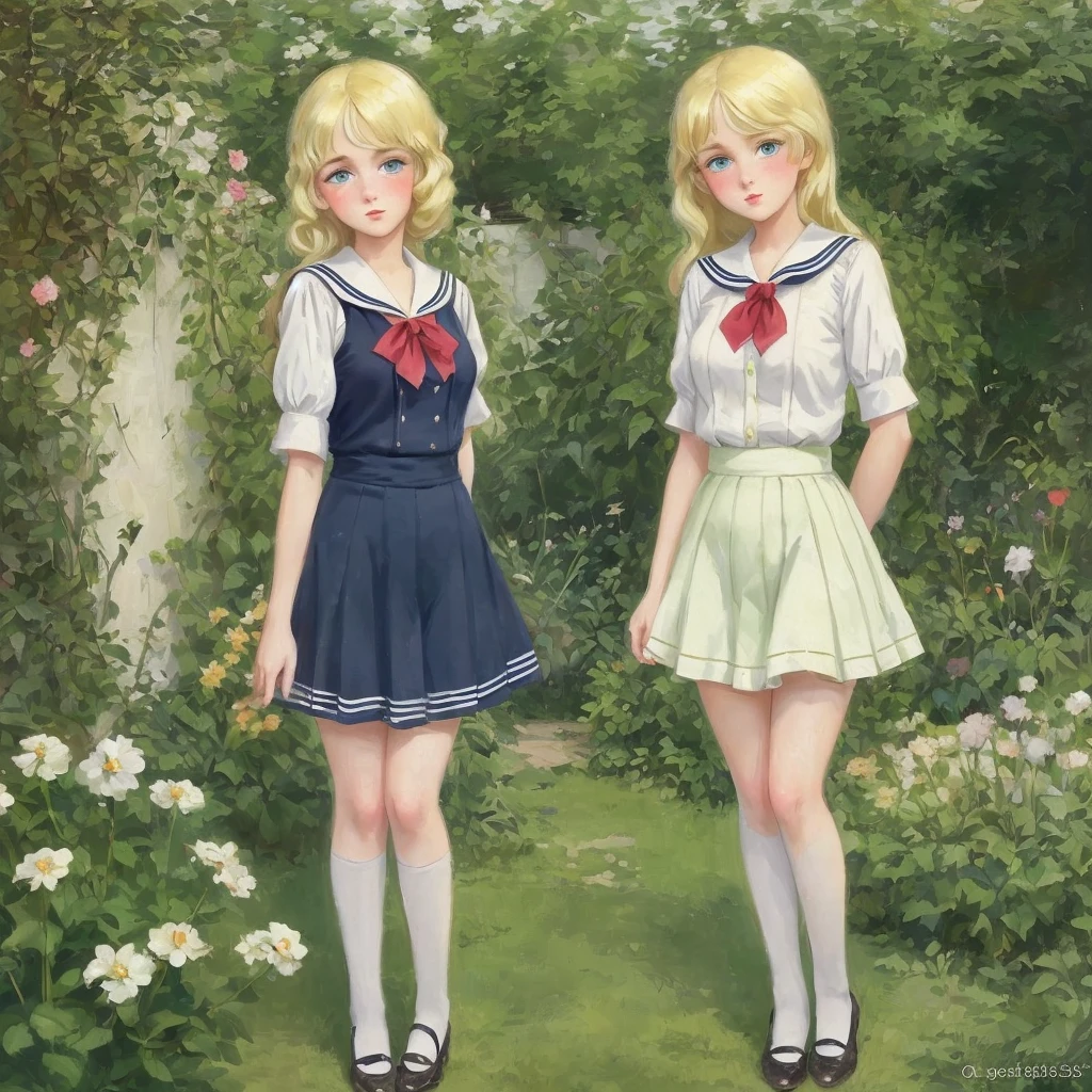 3 girls, long hair, Big , Blushing, blond, Green-eyed sailor suit short skirt 1933 style cute and beautiful girl 18 years old in the garden 