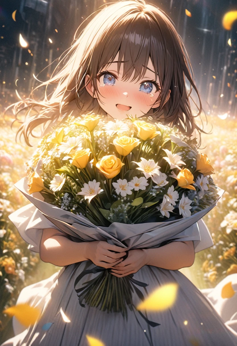 anime,depth of field, cinematic lighting, lens flare, f/1.2,(masterpiece:1.2),(high definition),Flower Field、Girl with a bouquet of flowers、Tears of joy、Petals fluttering、Light effects、An emotional photo、Filled with kindness、(A bouquet of flowers for you), masterpiece, best quality, extremely detailed CG unity 8k wallpaper,