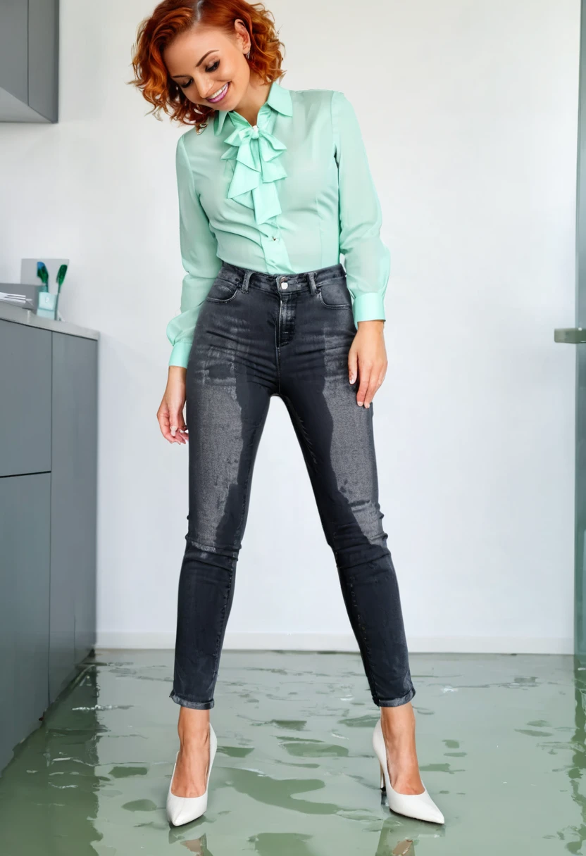attractive redhead woman wearing black skinny jeans, short curly hair, white high heel pumps, mint green blouse, standing in an office, wetting, big smile, pee stains are gleaming wet, standing in puddle of pee