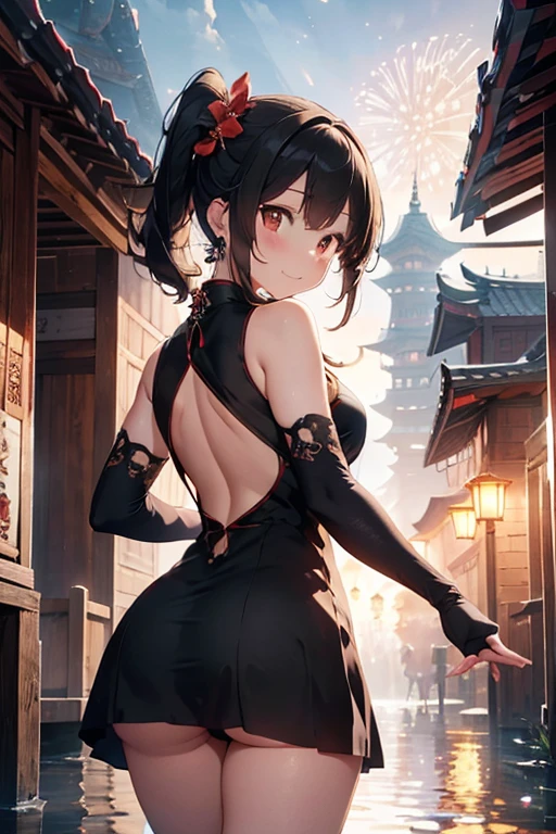 best quality,official art,Extremely detailed CG unified 8k wallpaper, (Wide-angle lens),1 girl, (Meiyu Edelfeldt),,black hair,brown eyes,seductive smile,National Science Foundation, barefoot, see through dress, Butterfly, Butterfly hair accessories, backless dress, Chinese clothes,sleeveless, twice as good,Golden dragon pattern,barefoot,full moon,Elbow gloves,Good, hair accessories,jewelry,earrings,Bead Anklet,thin legs,nail polish, medium breasts, alone, toenail polish, toe armor, toe, Double tail,outdoor,Chinese style architecture, Chinese style, lake, ancient town, Beautiful and detailed water,Red Lantern,fireworks,Thick thighs，View from behind,Buttocks visible，White