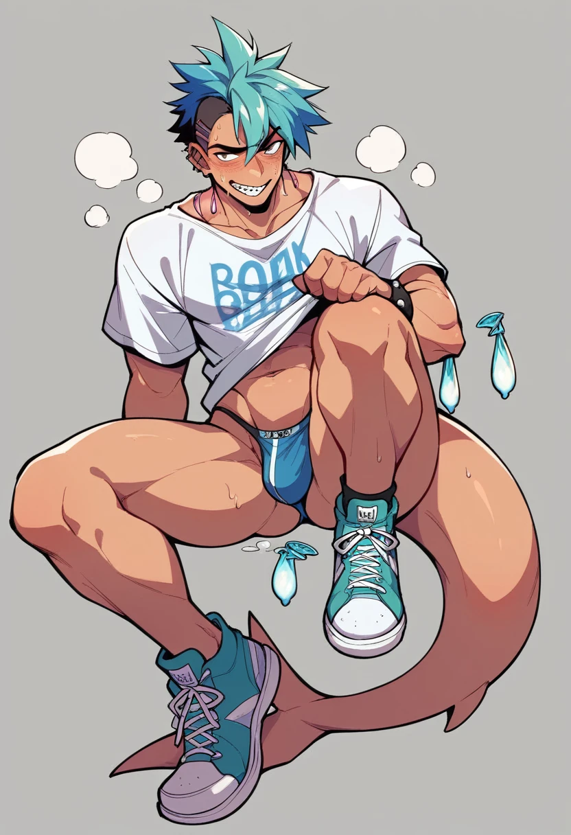 Highest quality、Shark monster head、Oversized shirt、High leg underwear、Thong Panties、sneakers、cyber punk、male、Skimpy、Used condoms scattered around、Nightclub