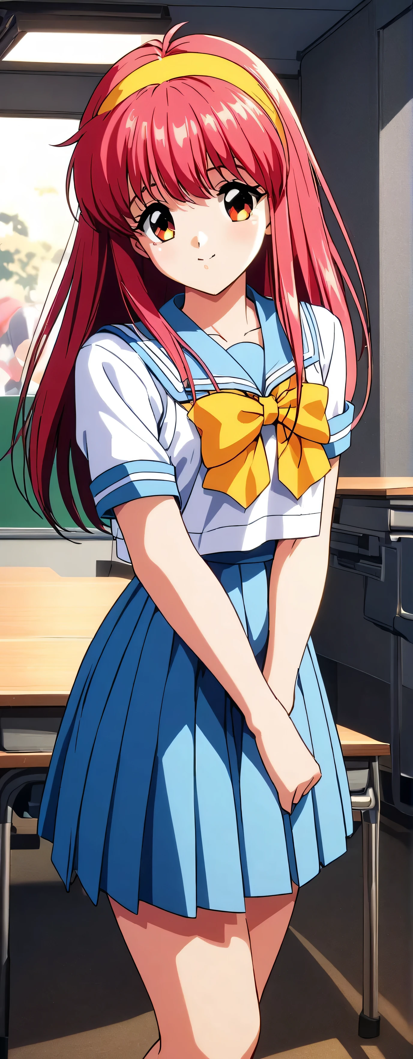 Straight Hair、Long Hair、Shiny light red hair color,(Light blue short sleeve white sailor suit:1.5),The collar is light blue,Yellow headband,The large ribbon on the front of the sailor suit is yellow.,(Light blue pleated skirt:1.5),Looks about , (beautiful girl: 1.3),A big smile,Big, round eyes、Eyes are red,Highest quality,8k,Highly detailed CG unit wallpaper,masterpiece:1.2,top-quality,Ultra-high resolution,RAW Photos,real texture skin,Cinema Lighting,Modern Japanese school classroom,The girl is a childhood friend of beautiful girl,Big, round, beautifully shaped butt,Sandy beach at night