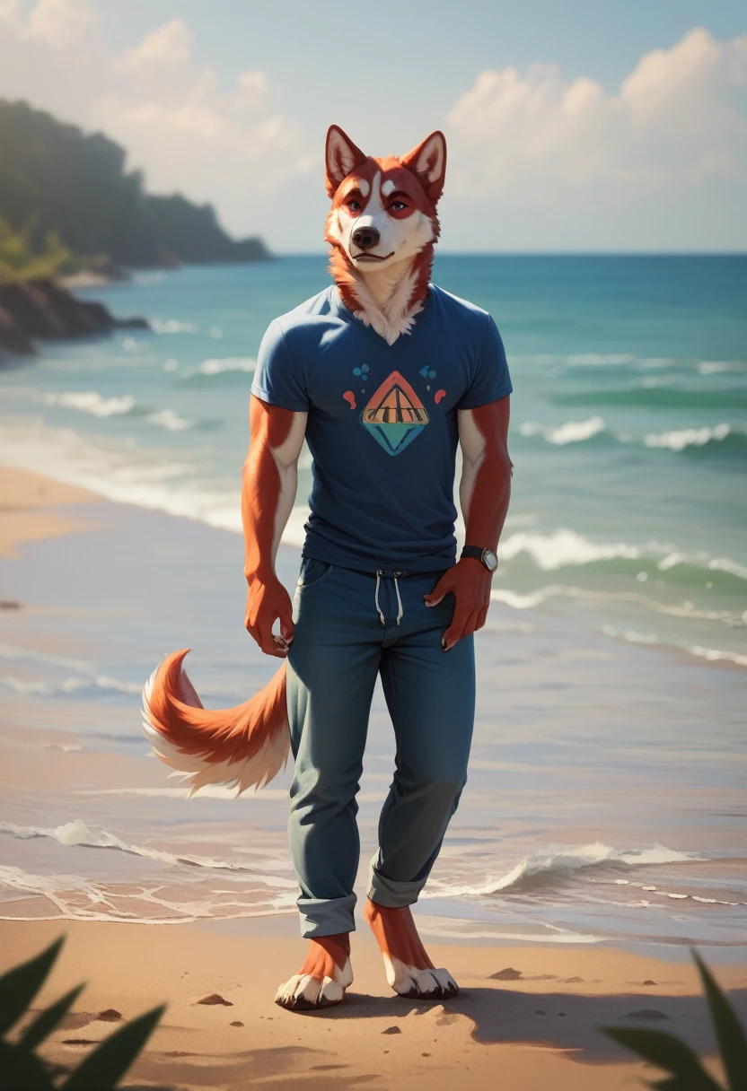 DOG: Husky
-- male furry dog husky (red dog penis), full body, standing on a deserted beach