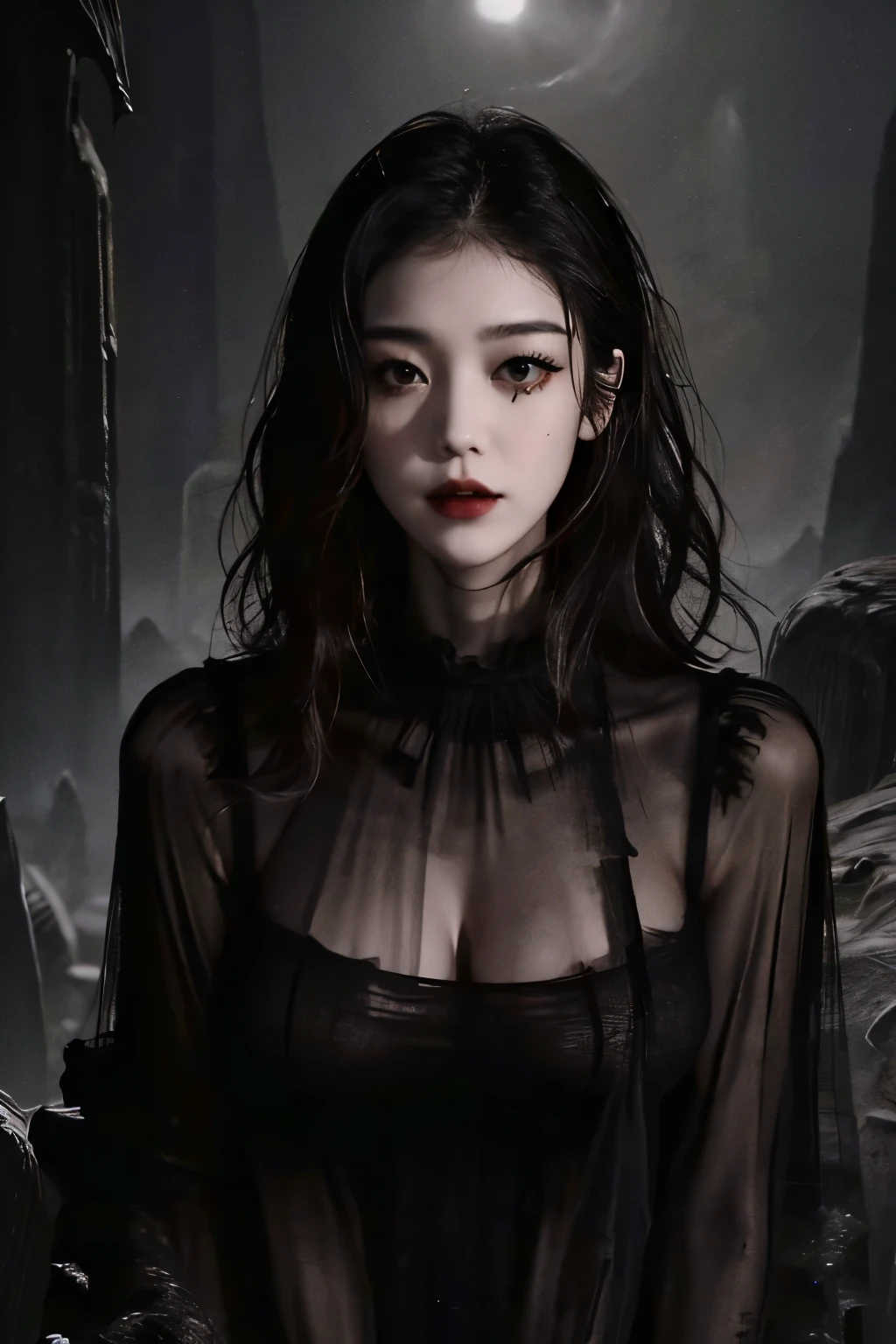 ((masterpiece , best quality, 8k,)), Korean woman in her 20s  , slim , (huge breasts:1.3) , (I have a lot of hair: 1.3), (messy hair:1.3) , short hair style, (dark circles under the eyes:1.3) , (smile: 1), (Dark cave: 1.2), (sheer clothes: 1.3), devil, red lips, red eyeshadow