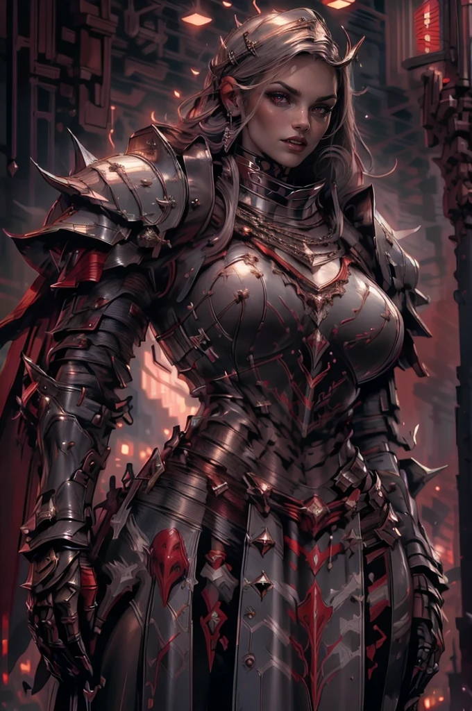 (best quality,4k,8k,highres,masterpiece:1.2),ultra-detailed,(realistic,photorealistic,photo-realistic:1.37),medium:oil painting,a gorgeous (((female vampire, long fangs, sharp teeth, sharp canines,))) sadistic smirk, small smile, tall, statuesque, imposing, towering, toned, slender, slim, wide shoulders, strong deltoids, narrow waist, narrow hips, leather outfit, leather pants, huge breasts, (biceps, triceps), (((eight pack abs, extremely well defined abs, strong abs, visible muscles through clothing))) long eyelashes, make up, perfect eyes, detailed eyes, gorgeous eyes, ((glowing silver eyes)), perfect lips, perfect mouth, (platinum blonde hair), black crop top, (leather jacket, waistcoat,) sleeves, necklace, earrings, bracelets, tattoo on shoulder, tattoo on arm, tattoo on abs, ((at night)),(Female chest covered)(smile) Gray skin, pale golden hair and violet eyes. She prefers clothing of white and silver with cloaks of deep blue or purple, village background, huge_knockers ((very precise detailed)) ((highres),(s) A beautiful big and muscular warrior,your veins pulse through your biceps,your vanelo is short, I have a braid, Her hair is red, your eyes are green,wears small chrome armor, medium breasts, defined abs,thick-thighs,she is in standing action pose, holding his metallic sword,