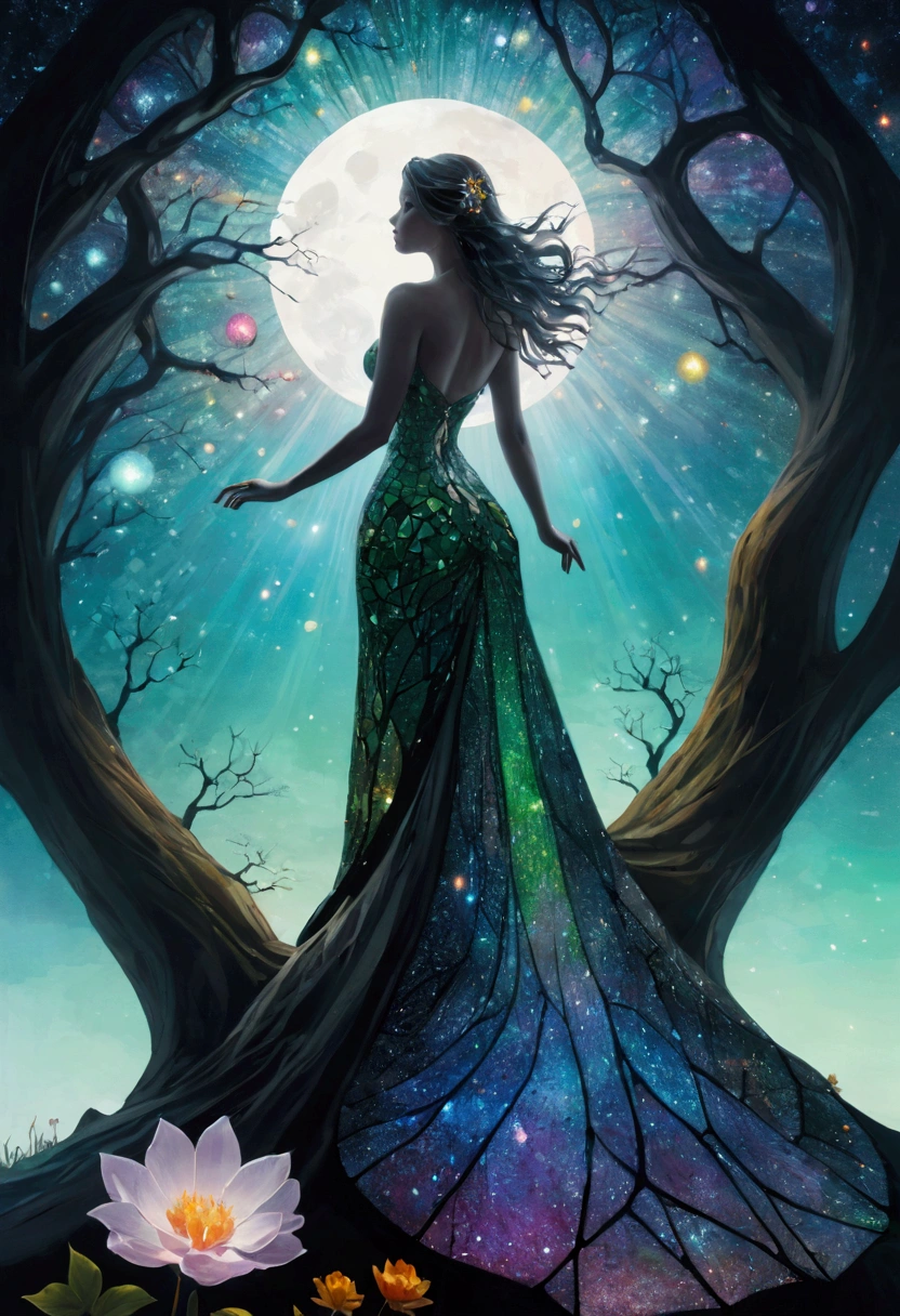 Photo of a sexy lady,Made of rainbow crystal glass mosaic,((Inspired by Hiroshi Sugimoto)),(Double exposure:1.3),Sub-scattering mirror inlaid on the transparent tree hollow trunk,Wearing a live brocade underbust dress made of flowers,Bokeh sky,art,Ultra dramatic moonlight,Silhouette photo illustration,Amazing depth,Intricately detailed cracked surface,stunning atmosphere,Charming whimsical vibrant landscapes,Futuristic utopia、adventure、ethyl ether、Sea Monster、nebula、Green、canvas、spontaneous combustion、Sailing、cute、thanksgiving、 (best quality,4K,8k,highres,masterpiece:1.2),