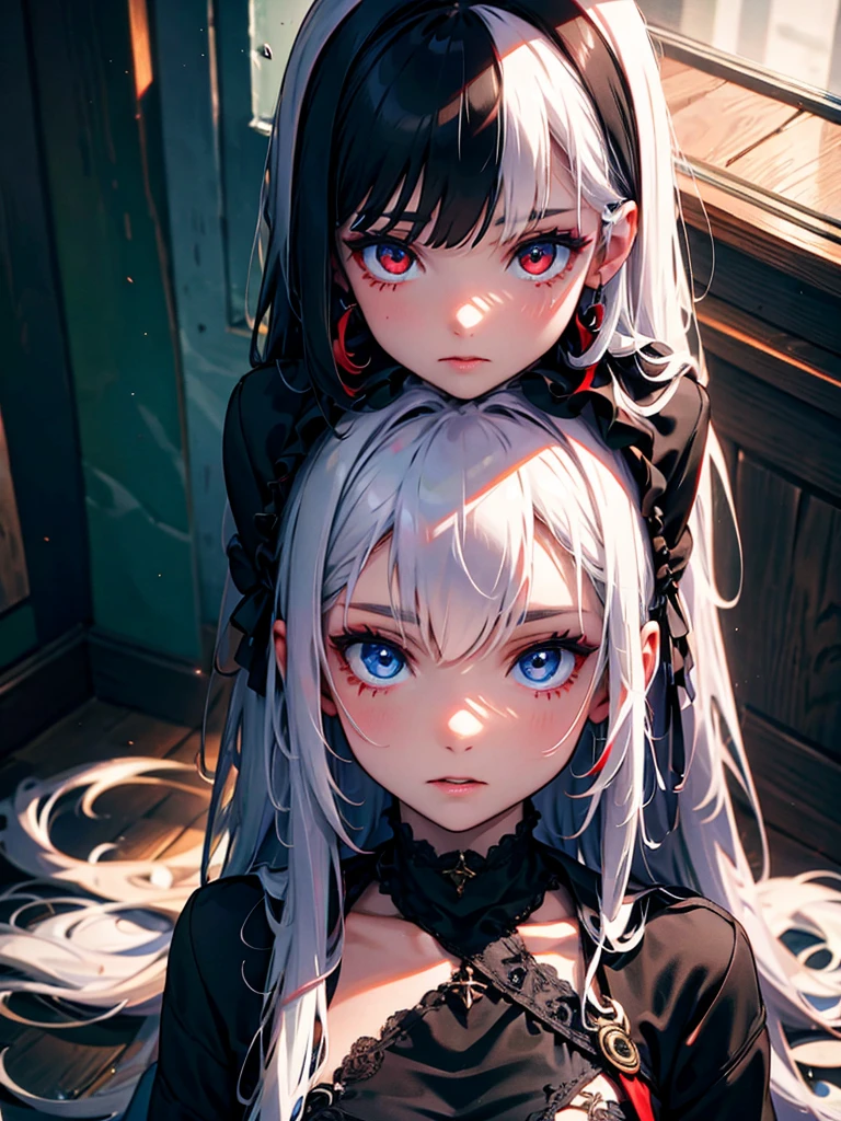(Tabletop:1.2),Highest quality,One girl,Split Theme,Heterochromia iridis,,(Left and right split themes:1.0),No gaps,Heterochromia iridis,((Two Tone Hair:1.2)),(Chiaroscuro:1.2),(On the left are black hair and red eyes,On the right are white hair and blue eyes:1.2),
