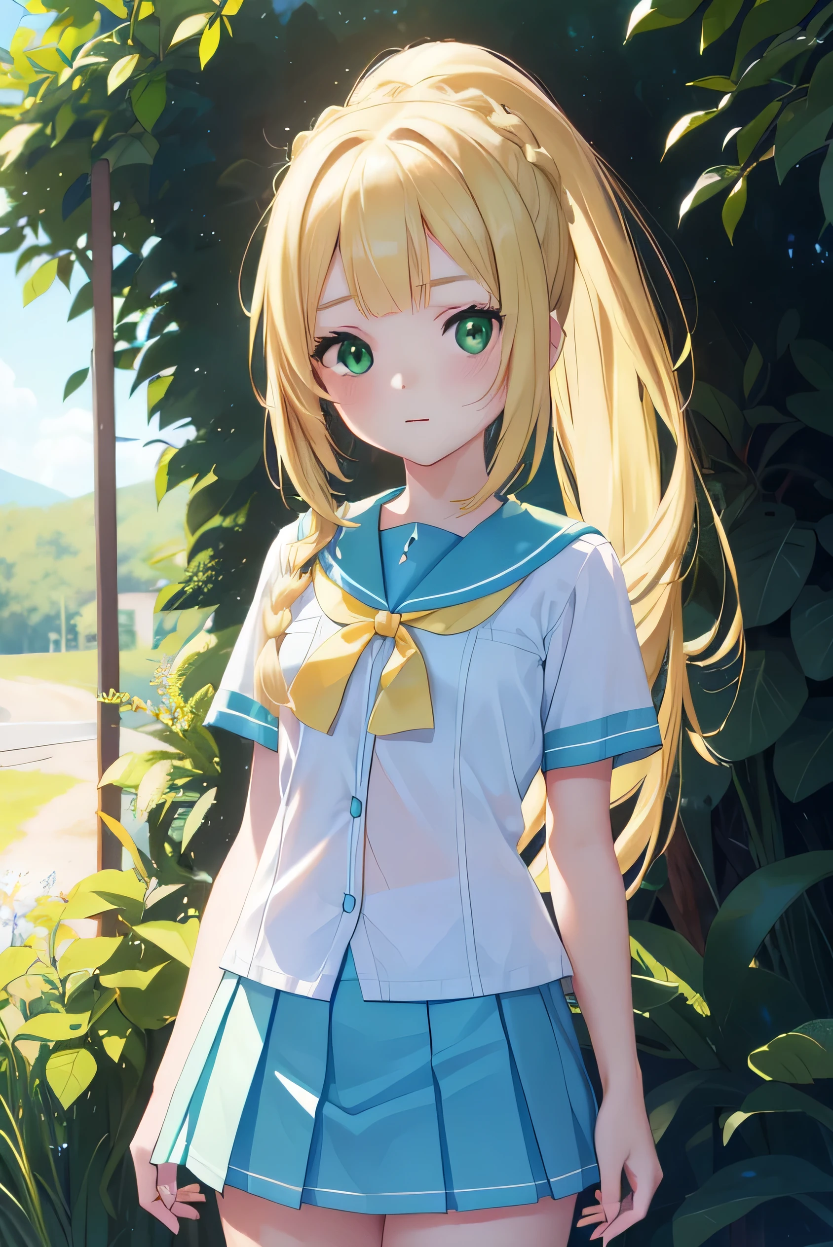 pokemon lily, pokemon lily, blonde hair, blunt bangs, (green eyes:1.5), long hair, (:1.2),
break braid, french braid, high ponytail, miniskirt, pleated skirt, sailor collar, shirt, short sleeve, skirt, white shirt, white skirt,
break looking at viewer, upper body, whole body, (cowboy shot:1.5),
break outdoors, nature, sky,
break (masterpiece:1.2), best quality, high resolution, unity 8k wallpaper, (illustration:0.8), (beautiful and delicate eyes:1.6), very detailed face, perfect lighting, Highly detailed CG, (perfect hands, complete anatomy),