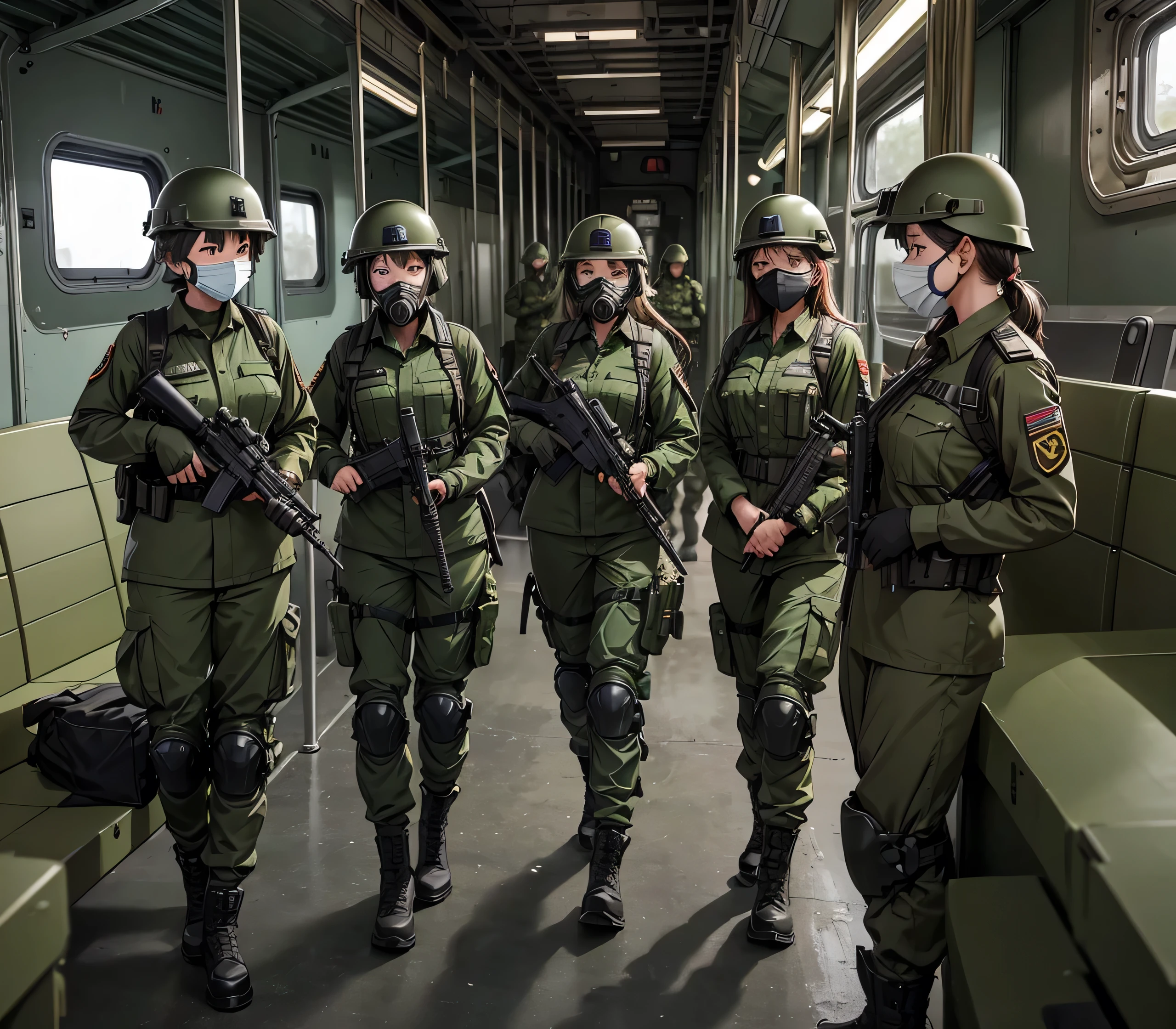 A group of female soldiers on a military train、All wearing dark green M-51 military uniforms、Wear a steel helmet、Wear goggles、wearing gas masks、Military Pants、Knee pads、Write details、masterpiece、best quality、Highly detailed CG、8K quality