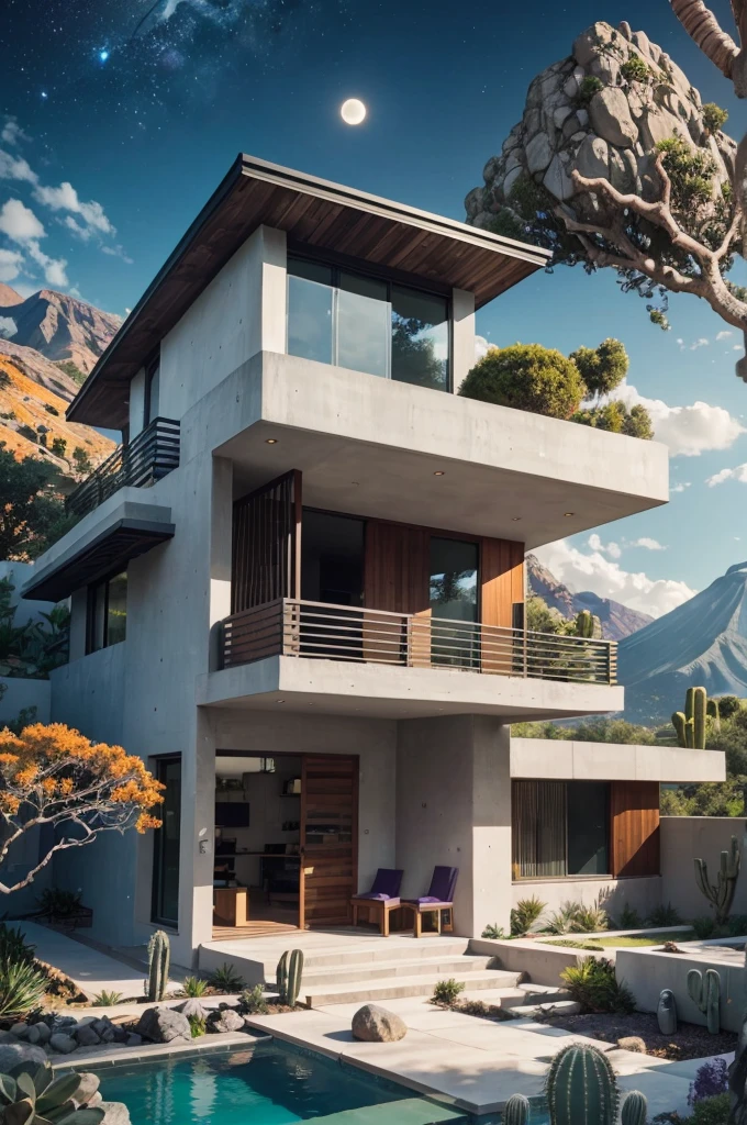 small and beautiful modern house in top of big boulders, terraces, pool, stairs, multiple cacti gardens, palms, trees, rocks, beautiful landscape design, mountains and volcano y background, amazing clouds, sun, moon, planets, milky way galaxy, concrete, wood, glass and steel materials, olive green, violet, orange and withe colors in facade