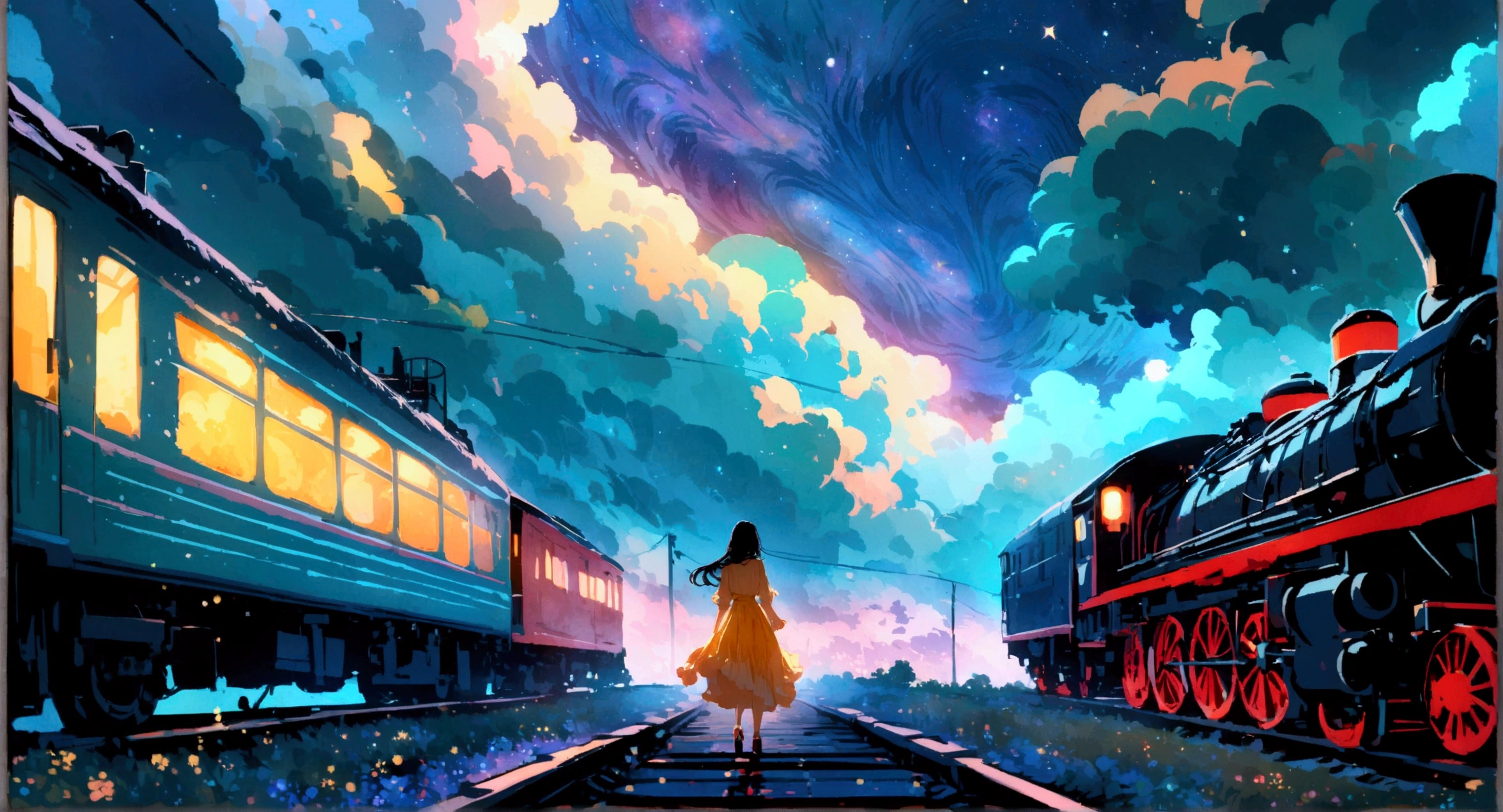 Beautiful girl in a fantastic night view, Look up at the stars, steam locomotive, Galaxy Express 999, Digital Art, Intricate details, Cinema Lighting, Vibrant colors, Dramatic atmosphere, dream-like, Very detailed, 8k, masterpiece