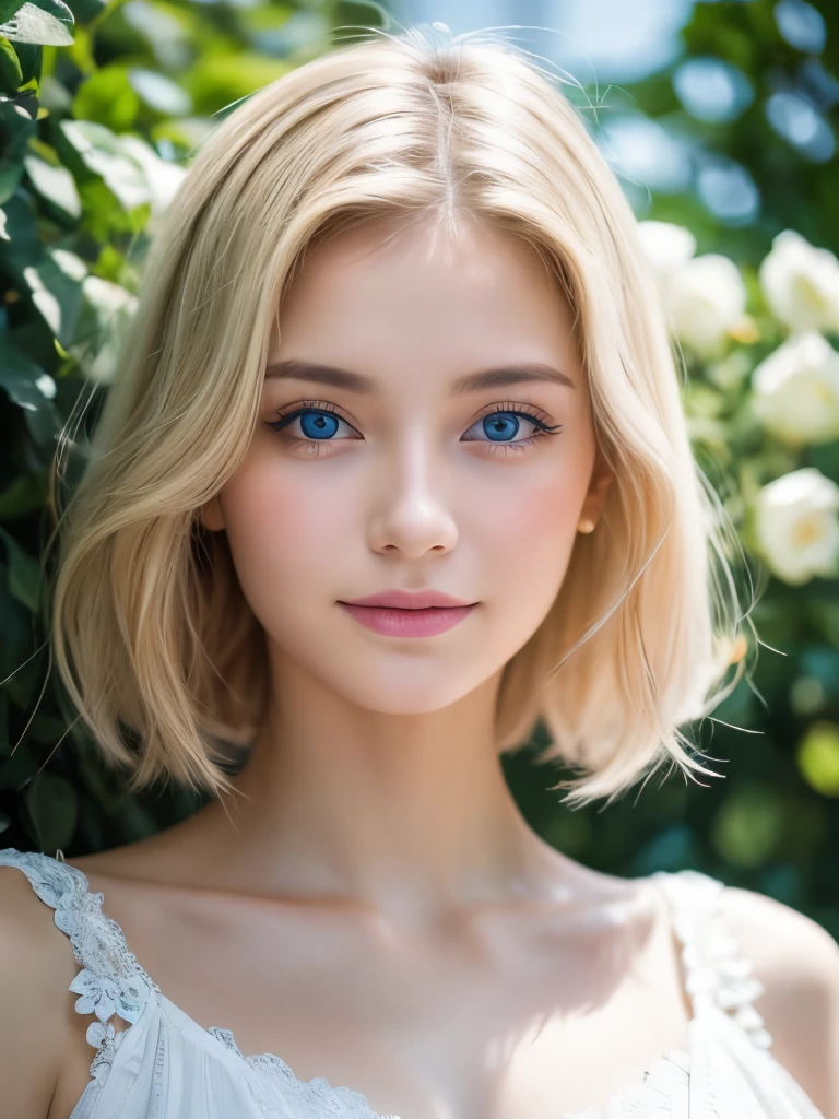Best image quality, 8k Raw Photo:1.5, masterpiece, Teenage girl, White and soft skin, Blond droopy short hair, blue eyes, Green and slightly mature, Cute and soft, young, Sacred Eye,Shining, Exquisite hair, View Lens, Face Focus, smile, Delicate facial features,Soft and attractive lips, Front lighting, Front light source, Portraiture, Face enlargement, Face close-up, Bust Shot, Cute feeling,Lemon colored flared dress, Excellent posture for capturing the scenery, Portraiture効果, Blue sky and white clouds, rose