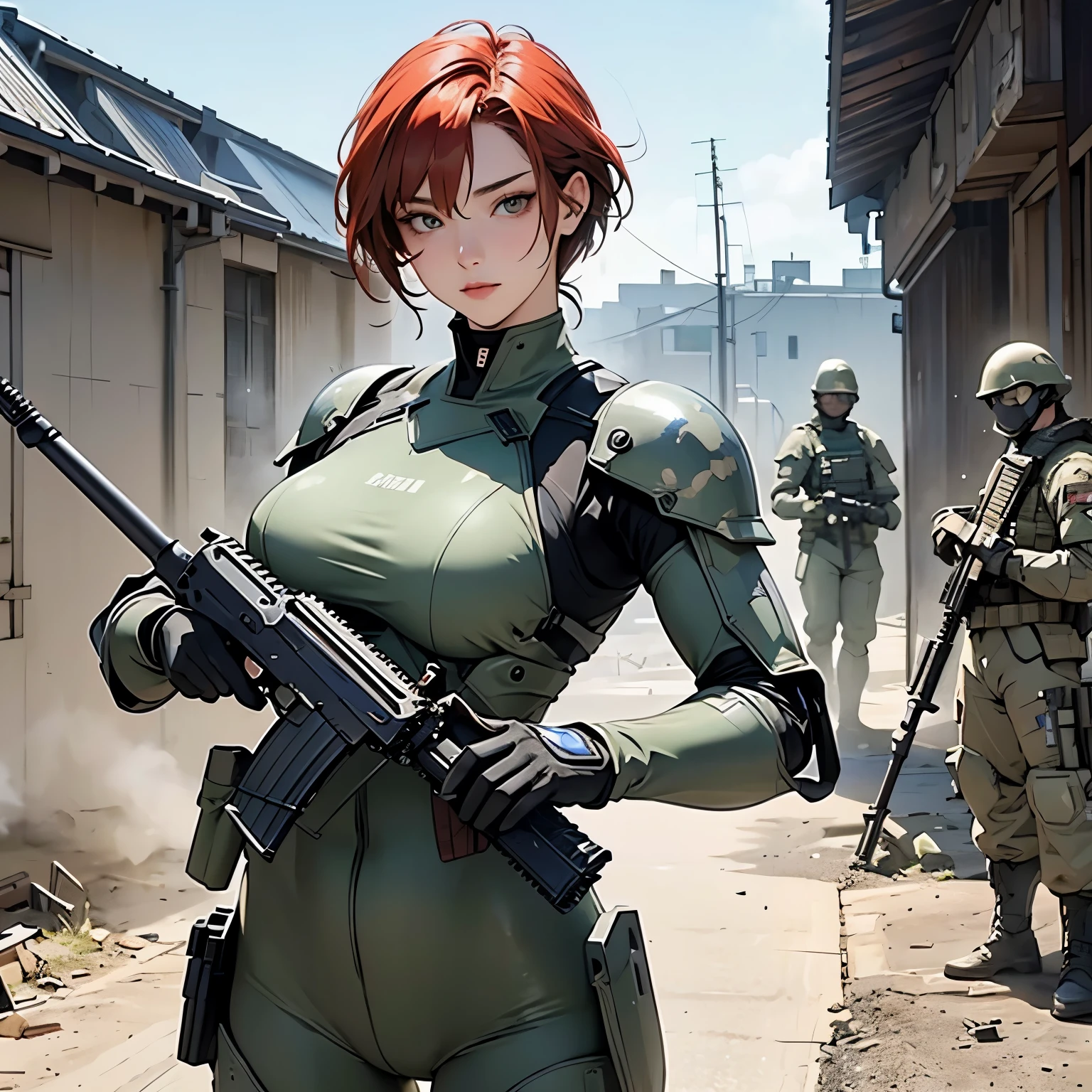 nsfw, anime screencap, 16K, perfect anatomy proportion body, perfect hands, action, A dynamic composition with a sense of speed and movement, (Hold an assault rifle:1.6), a wife, 40age, perfect beautiful delicate sexy face, perfect beautiful delicate slanted eyes, red hair, swept bangs pixie cut, medium breasts, Camouflage colored heavy armor robotic steam engine full armor powered suit, Many robot soldiers having a gunfight in the background, Flying bullets, Urban battlefields, war, Post-apocalyptic,