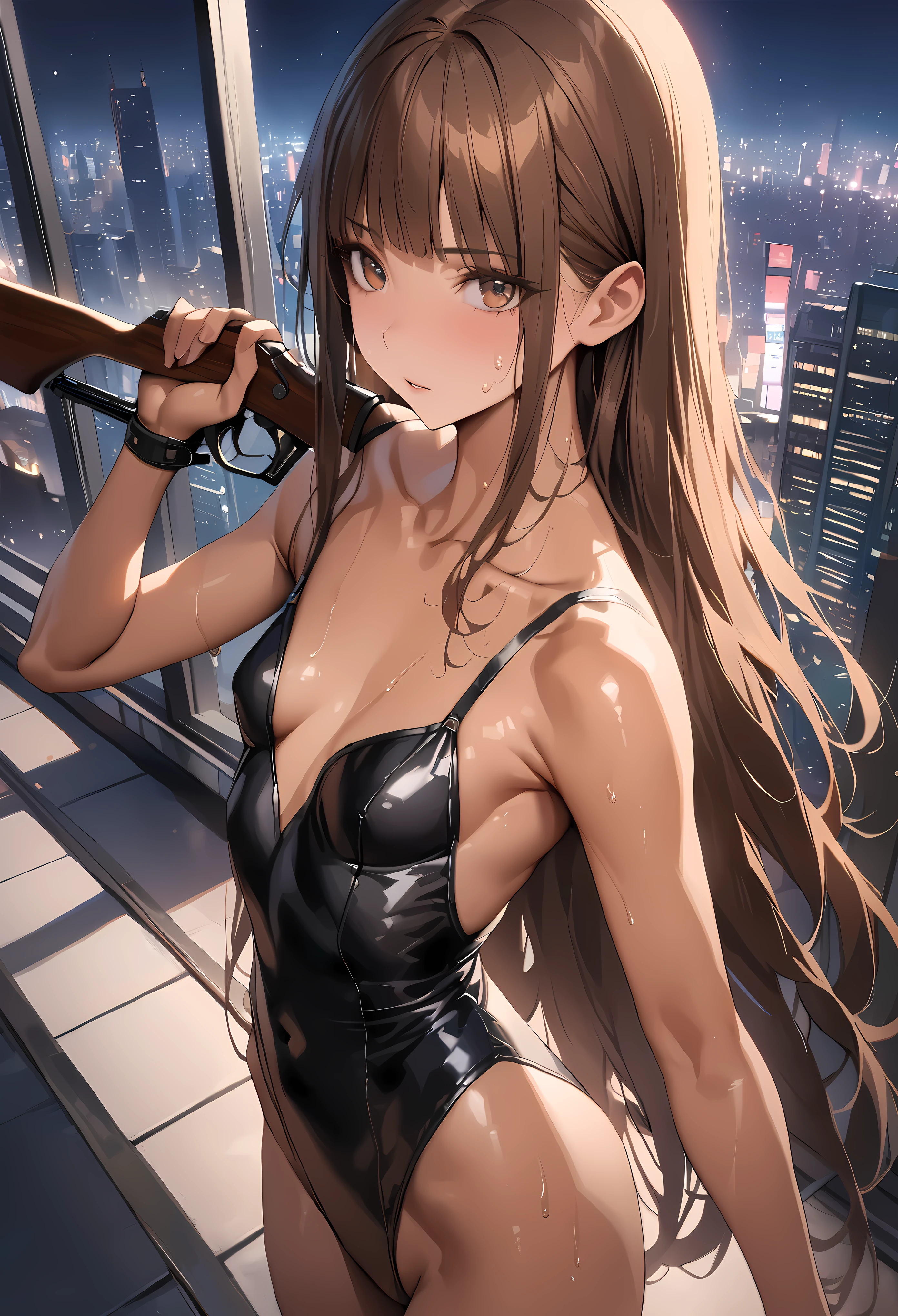 ((masterpiece,best quality anime,Highest quality:1.3)),realistic,cowboy shot,Mature Beauty,solo,1woman,((very small head:1.3)),ideal ratio body proportions,tan skin,brown hair,bangs,straight long hair,gorgeous eyes,brown eyes,(Black leotard bodysuit、clavicle、A detailed depiction of a rifle being held in the hand),((slender body,skinny,toned body)),small breasts,sweat,gleaming skin,shiny skin,((Shooting stance)),((rooftop of high-rise building)),shinjuku、moonlight、at night、Modern Tokyo、