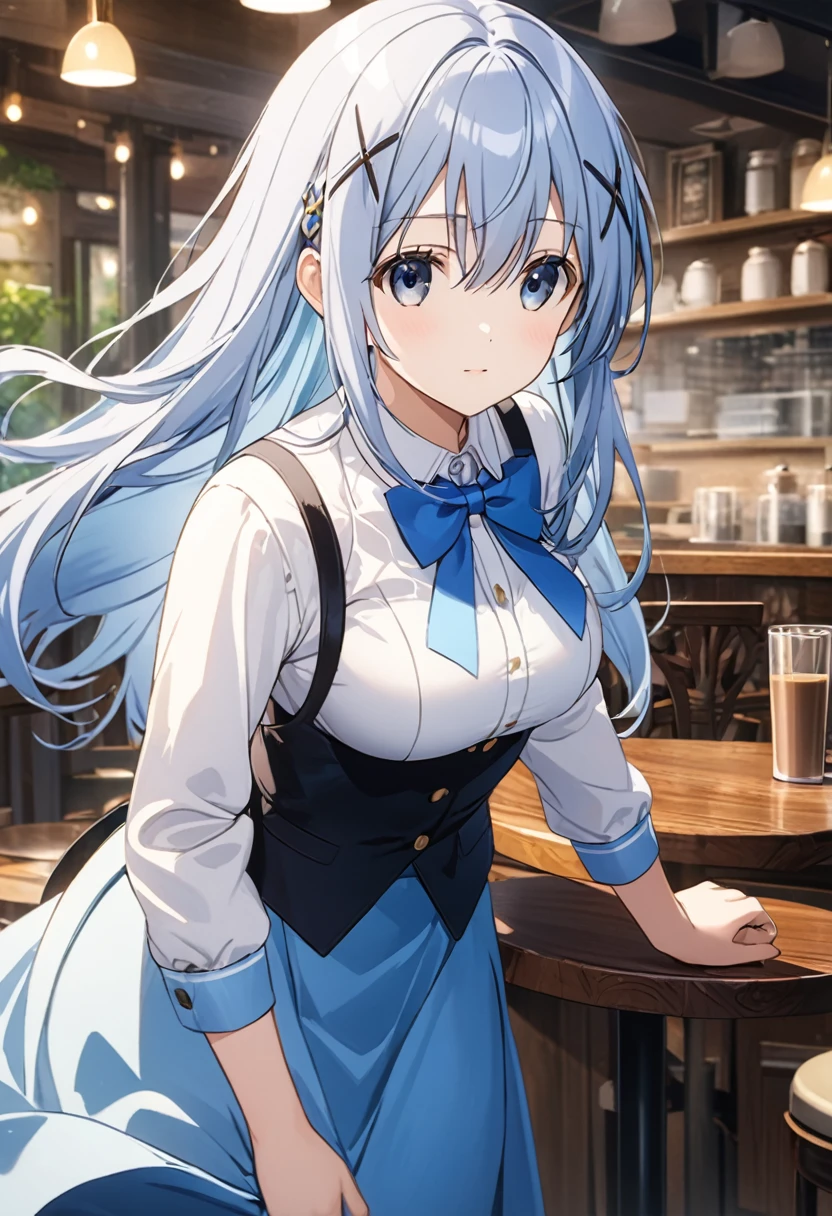 (Highest quality:1.2), (Ultra-high resolution:1.2), Intricate details, Official Art, Beautiful artwork, Game CG, Soft Focus, One girl, alone, Beautiful face in every detail, chest, Wide Hips, (Thick thighs:0.8), Long Hair, Blue Hair, Hair between the eyes, hair ornaments, x hair ornaments, blue eyes, Hair Clip, shirt, Best, light Blue Hair, Long sleeve, white shirt, blue Best, bangs, waitress, Long skirt, bow, bowtie, blue bowtie, indoor, Wooden table, Wooden chair, Coffee cup, Cafe, ((Skirt Lift,Panties in full view))