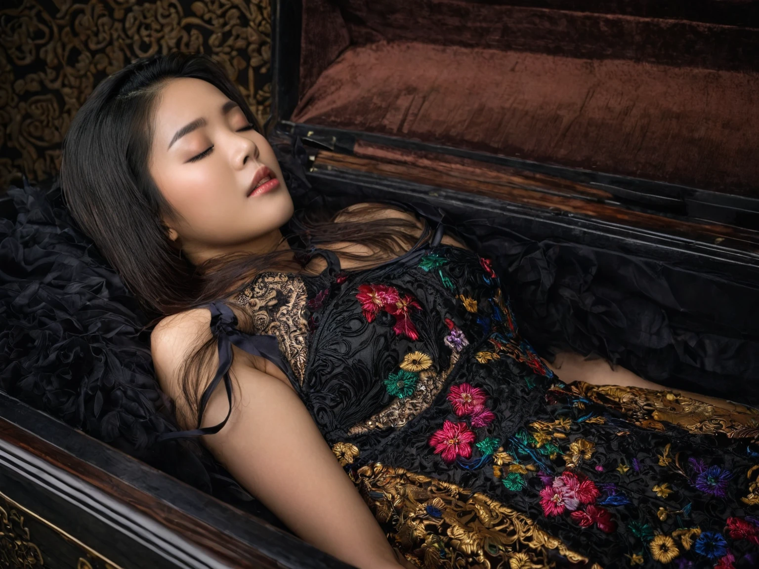 In a striking 8K HDR scene, a stunning Korean woman, 22 years old, lies peacefully in a black coffin surrounded by plush pillows. The deep box is set against a rich black background, accentuating the beauty of the subject. Her exquisite deep-V neckline kebaya attire is embroidered with superb detail, showcasing her round and firm breasts, perfect cleavage, and beautiful eyebrows. Her closed eyes and mouth give an air of serenity, while her visible and absolute cleavage leave nothing to imagination. The scene is bathed in saturated colors, highlighting every intricate aspect from the ball skirt to her clean face, straight body, detailed hand perfect hands, straight body, own hands together, own hand on stomach, detailed hands, perfect hands.