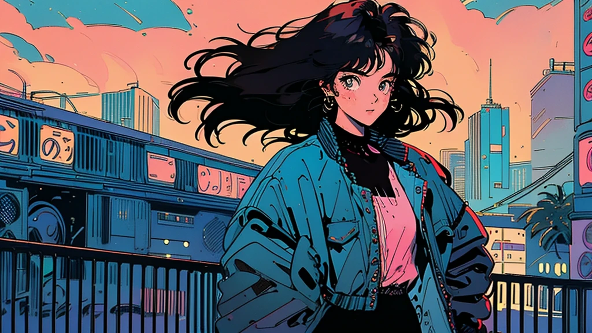 best quality, 8k, 1990s style,2010s hairstyles, 21 year old girl, black hair, bob hair, light brown eyes, city pop, wide pants , girl walking alone in the city, whole body, The background is Tokyo at night