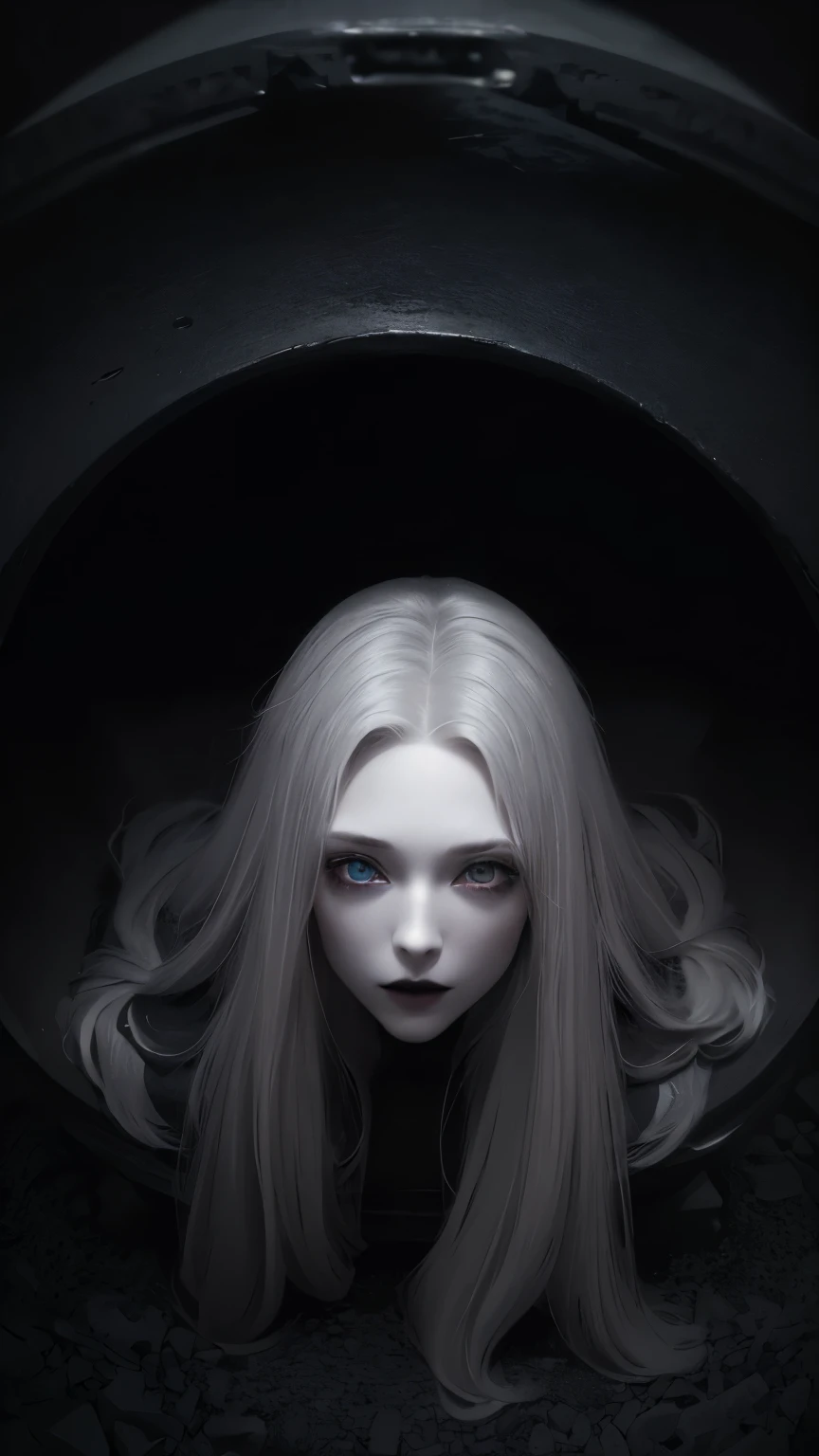 (ultra high definition, 8k, masterpiece: 1.3) ((long gray hair)) ((pale skin)) ((black lips)) Cemetery surrounded by tombstones and with a dark background., depth of field, fish eye lens, highest detail, view from above