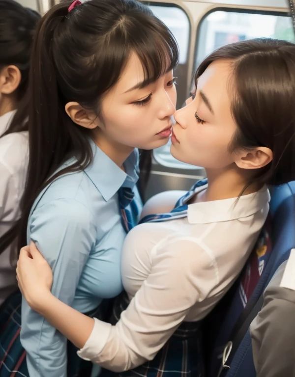 (masterpiece, best quality:1.2), 8k, 15yo, 85mm, official art, raw photo, absurd Res, white dress shirt, pretty face, close up, upper body, violaceus, gardenias, beautiful girl, , (navy pleated skirt:1.1), cinch waist, thighs, short sleeve, in train, sitting on bench seat, looking at viewer, no makeup, (smile:0.4), film grain, chromatic aberration, sharp focus, firelight, clear lighting, teen, detailed face, bokeh background, (dark red necktie:1.1), (perfect anatomy, perfect hands), (two young girls is deeply in love with each other, kiss:1.3)
