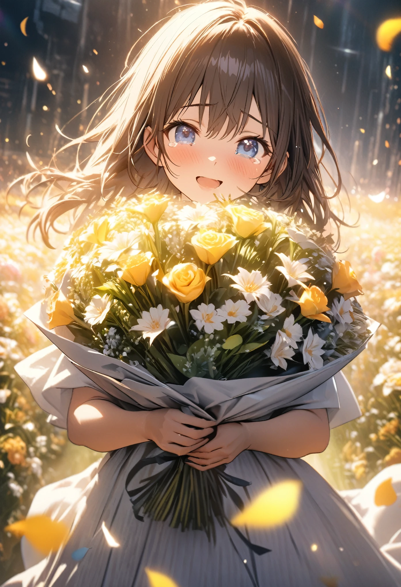 anime,depth of field, cinematic lighting, lens flare, f/1.2,(masterpiece:1.2),(high definition),Flower Field、Girl with a bouquet of flowers、Tears of joy、Petals fluttering、Light effects、An emotional photo、Filled with kindness、(A bouquet of flowers for you), masterpiece, best quality, extremely detailed CG unity 8k wallpaper,