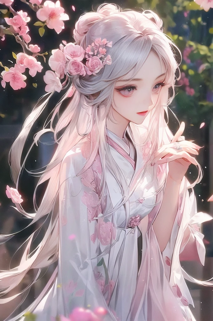 8K, masterpiece, best quality, 1 girl, Chinese, Chinese Architecture, Silver long hair, Light pink lips, Clear eyes, Bangs, Pink flowers on head, Flower background, petal dancing, Delicate face, close up