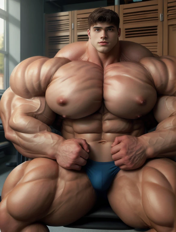 1boy, giant, giant bodybuilder, stand, warm light, strong body, bulk, large size, staring, sitting on the seat at the locker room, open legs, nude, navy triangular underwear, prominent bulge, extraordinary big, brutalmass, giant, muscular body, bulk, buff, massive body, large meaty body size, extremely wide body