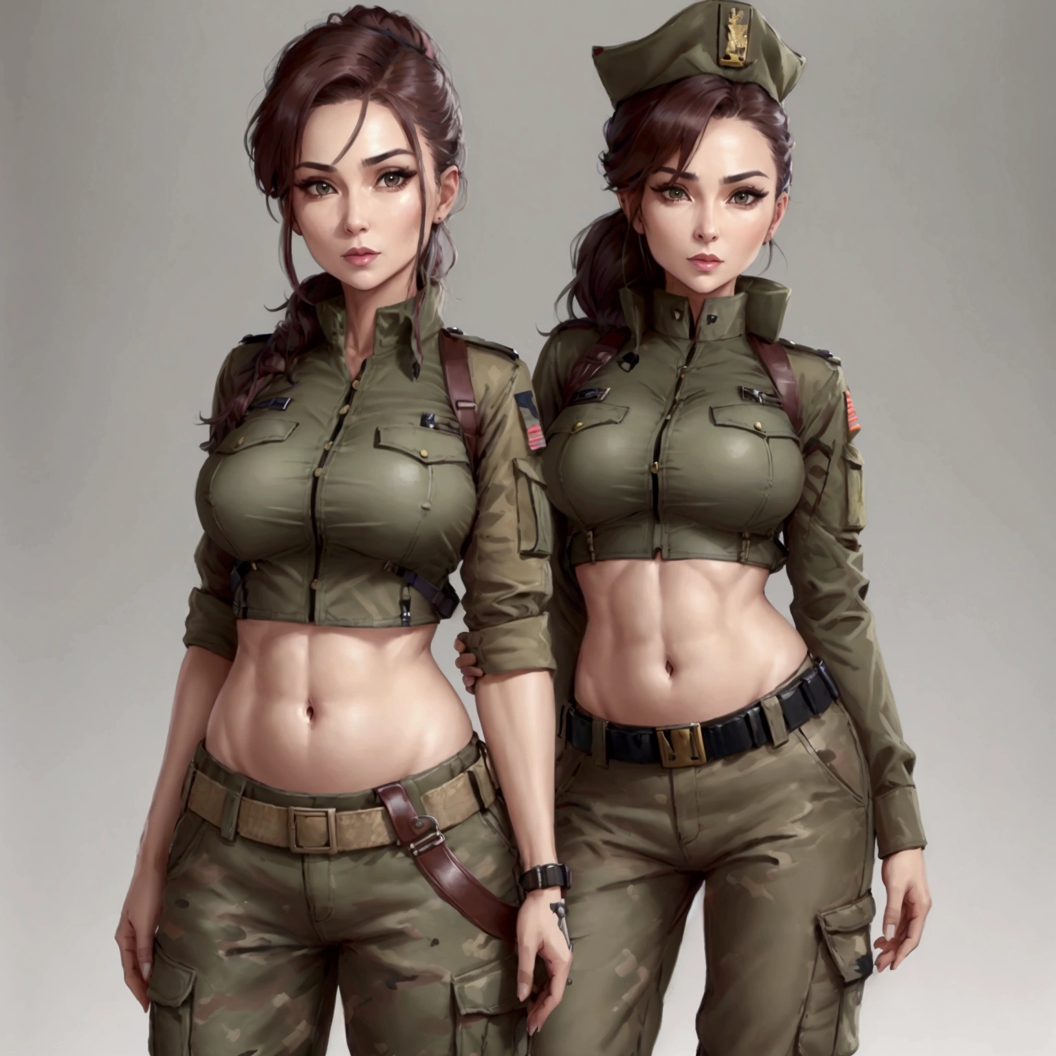 Women in crop top soldier uniform, soldier hat, military brooch on the chest,  exposed abdomen area, very low waist cargo pants, navel piercing , 45 years-old, high ranking , standing, little fat 