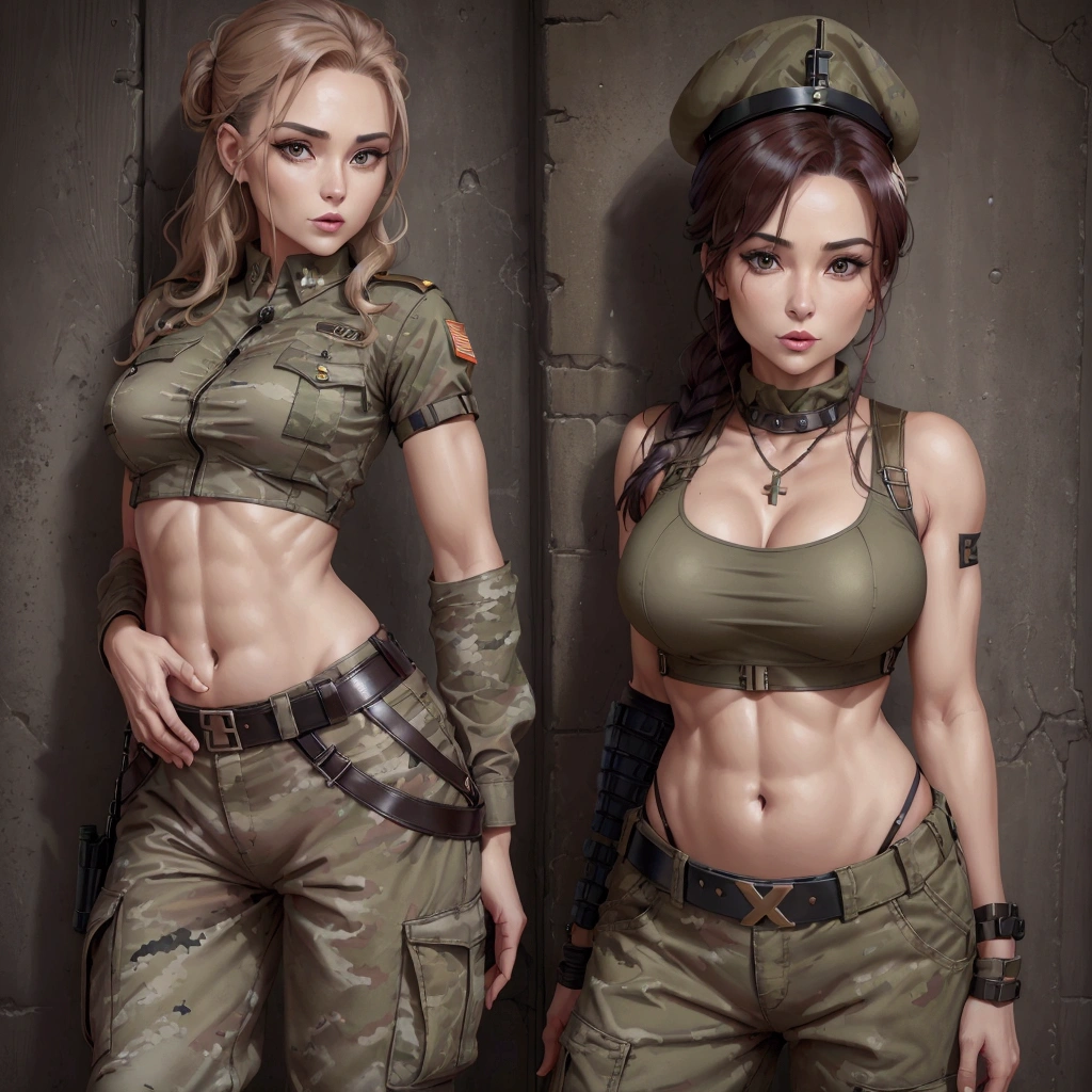 Women in crop top soldier uniform, soldier hat, military brooch on the chest,  exposed abdomen area, very low waist cargo pants, navel piercing , 45 years-old, high ranking , standing, little fat 