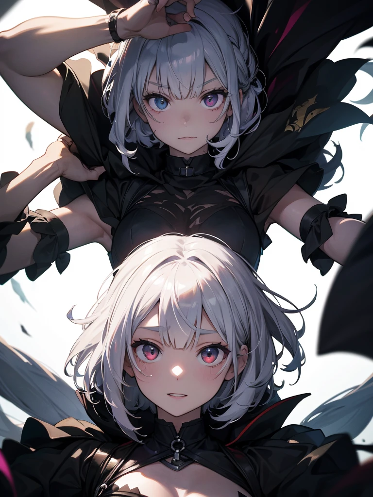 (Left and right split themes:1.0),No gaps,Heterochromia iridis,((Two Tone Hair:1.2)),(Chiaroscuro:1.2),(左~ sideは黒い髪と赤い目です,右~ sideは白い髪と青い目です:1.2), and 
sketch (Character design sheet, same characters, whole body, Three-View, front, ~ ~ ~ ~ ~ side, return),(Very bright:1.1), White Background, [1 girl:7], (Tilt your head:1.2), ([sketch|watercolor \(Moderate\)]:1.15),Chaotic Abstractionな背景, Vector Trace, グラデーションブレンディング and whole body, Artistic elements add depth to the work. The overall atmosphere is creepy and nightmarish....., With a unique artistic touch. This movie is、The dark and crazy world of horror movies depicted in HD., Evoke visual stimuli and aesthetic sense, that will terrify and excite the audience....,watercolor画, （Lightless, Eyes without highlights, evil eye, Ugly person with white eyes, that&#39;Red eyeliner）,whole body絵, Wearing a maid outfit （Gradient braided hair, (Light purple hair), (Ink blotches:1.1), (pale:1.2),(Light purple:1.2),(Light green:1.2)　Adult features,expensive, wear black tights,Green Eyes, The skin is hidden　and maid, The background is a dark and desolate landscape, Horror movie atmosphere. Her figure is very beautiful, Emphasizing the dark and crazy elements. Skillfully expressing the effects of light and shadow, detailed, The face and expression of the black costume are also carefully drawn.....,sketch (Character design sheet, same characters, whole body, Three-View, front, ~ ~ ~ ~ ~ side, return) 1 female, Nervous,Cowboy Shot,,(Very bright:1.1), White Background, [1 girl:7], (Tilt your head:1.2), ([sketch|watercolor \(Moderate\)]:1.15),Chaotic Abstraction